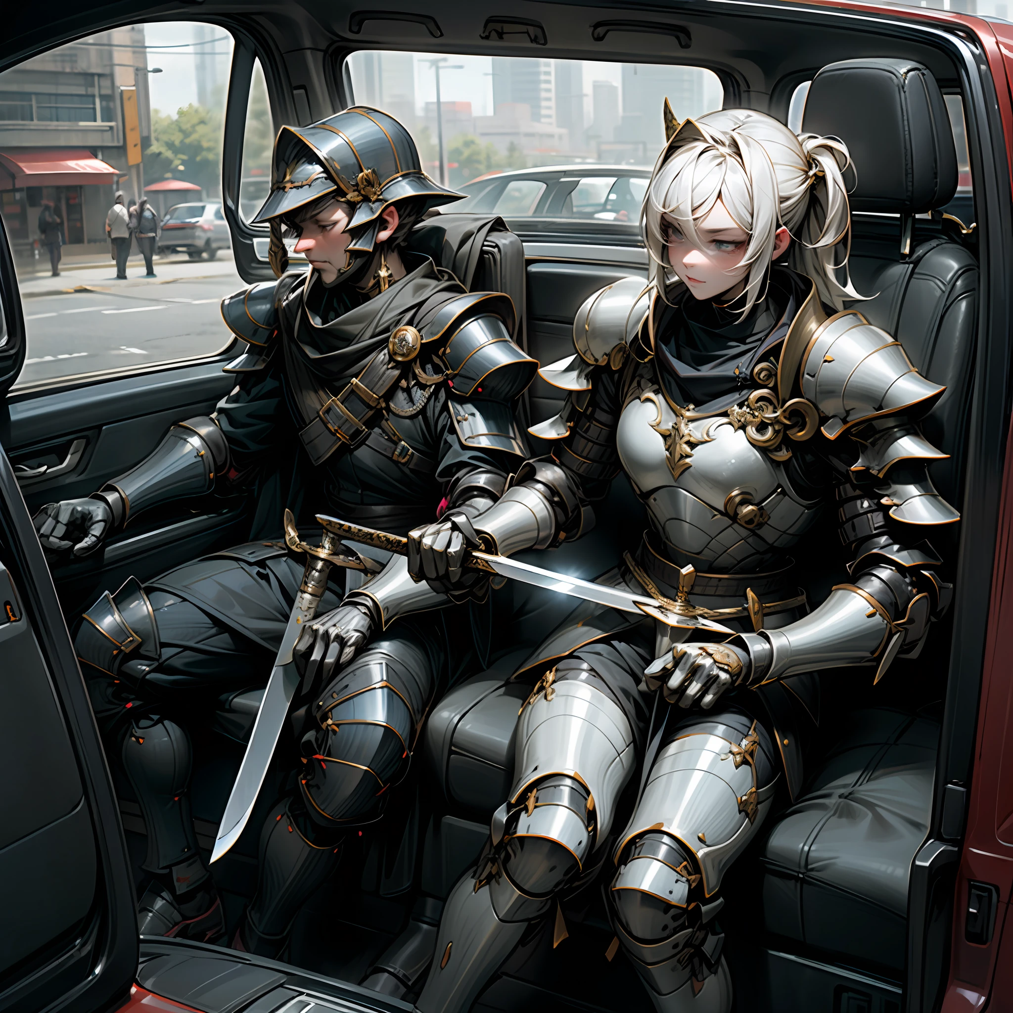 knights,Wearing plate armor,Brandishing a sword in his hand,Sit in the car,Sit in the driver's seat --auto