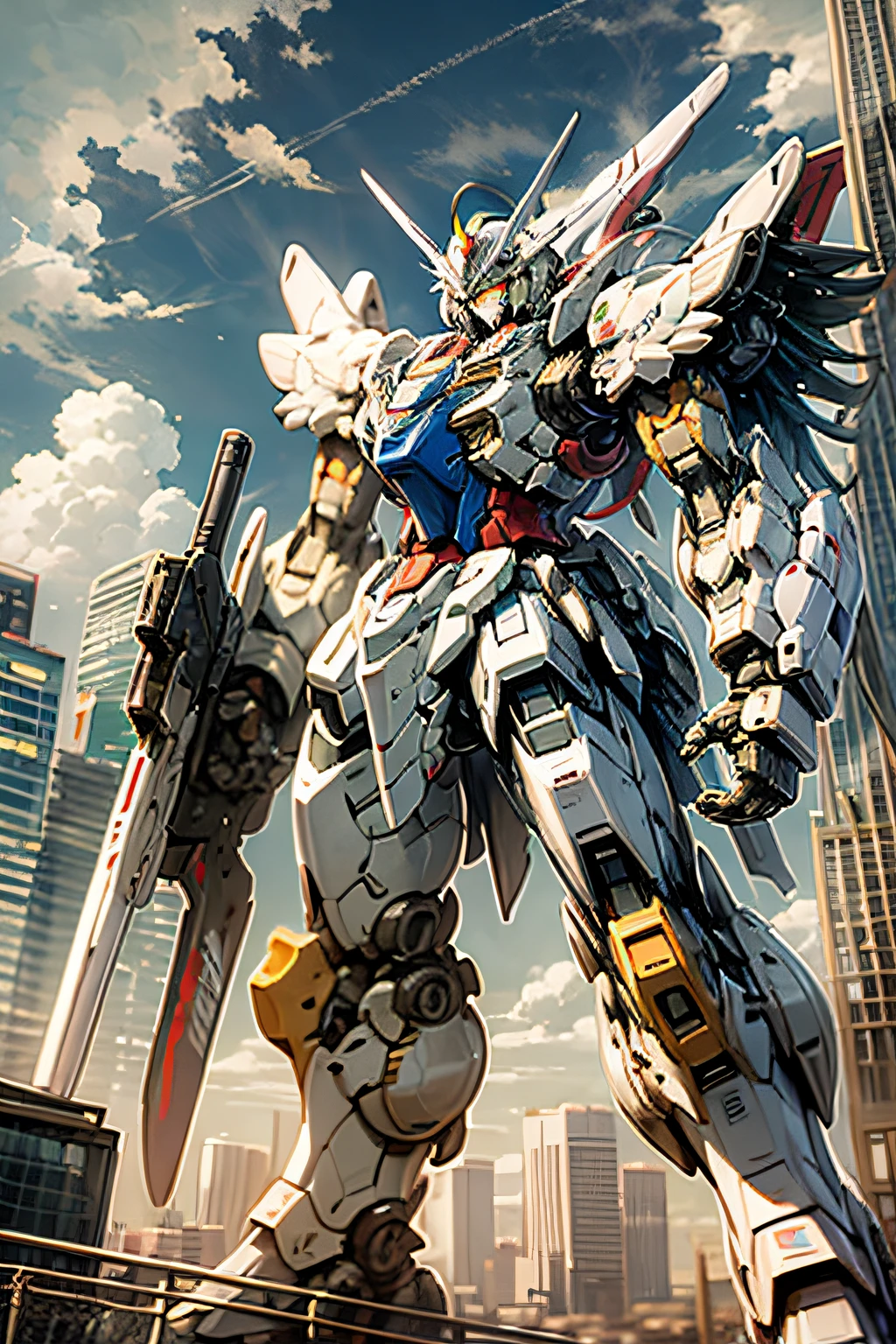 sky, cloud, holding_weapon, no_humans, glowing, robot, building, glowing_eyes, mecha, science_fiction, city, real, mecha, masami ohari, gundam