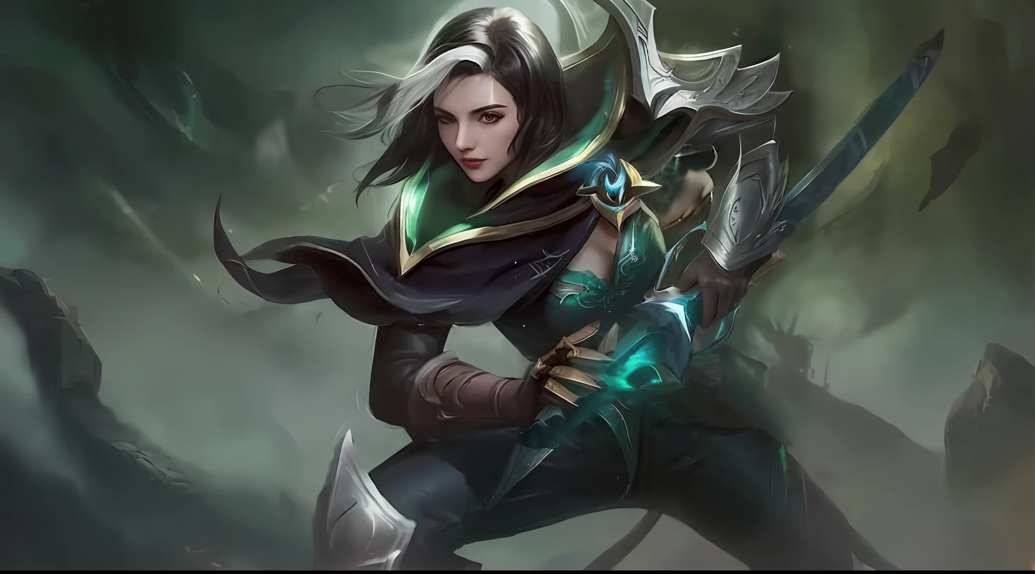 a woman with a sword and a green light on her arm, irelia, ashe, league of legends character, style artgerm, senna from league of legends, extremely detailed artgerm, akali, amazing portrait of viego, katarina, irelia from league of legends, trending artgerm, league of legends character art, qiyana