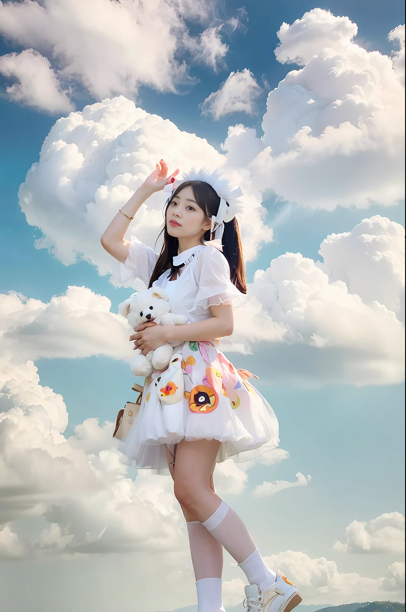 there is a girl that is standing on a skateboard in the air, girl clouds, portrait of magical lolita girl, in the white clouds fairyland, in white clouds fairyland, lie on white clouds fairyland, sitting in a fluffy cloud, angelic pretty, lolita style, summer sky, portrait of radical lolita girl, in clouds, on clouds, 云女神1 girl,Japanese Idol, Perfect Figure,lolita fashion, colorful pastel color clothes,slim and thin body，best best quality， master masterpiece，beatutiful face，High detail skin， 8k 超高清，highs quality， great resolution， 4k， 8k，Optimal proportions of four fingers and one thumb，Wear a short skirt，Detailed depiction of hands，Holding a white bear doll in one hand，