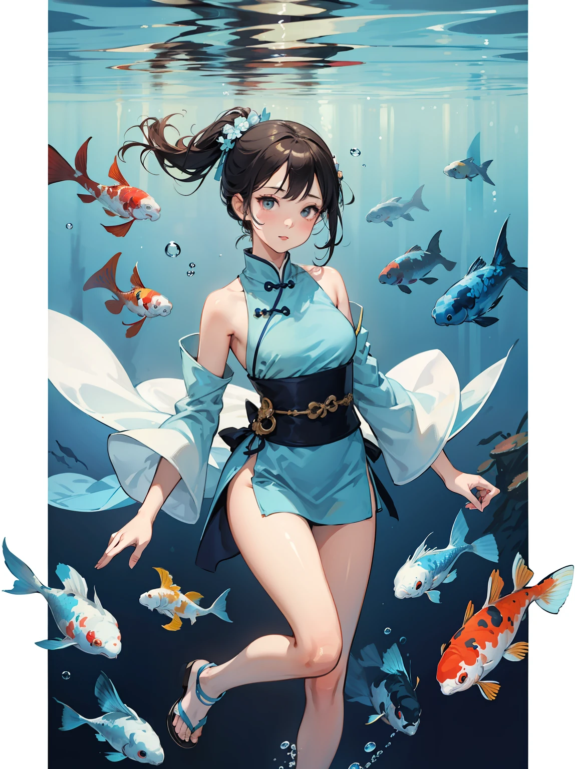 A girl in Chinese Hanfu, swim underwater, blue color、,with big eyes，yellows、blue oceanSurrounded by air bubbles and three koi, Rule of Thirds composition,Tyndall effect, drops of water,comic pinup style,style of hayao miyazaki. Light refracts