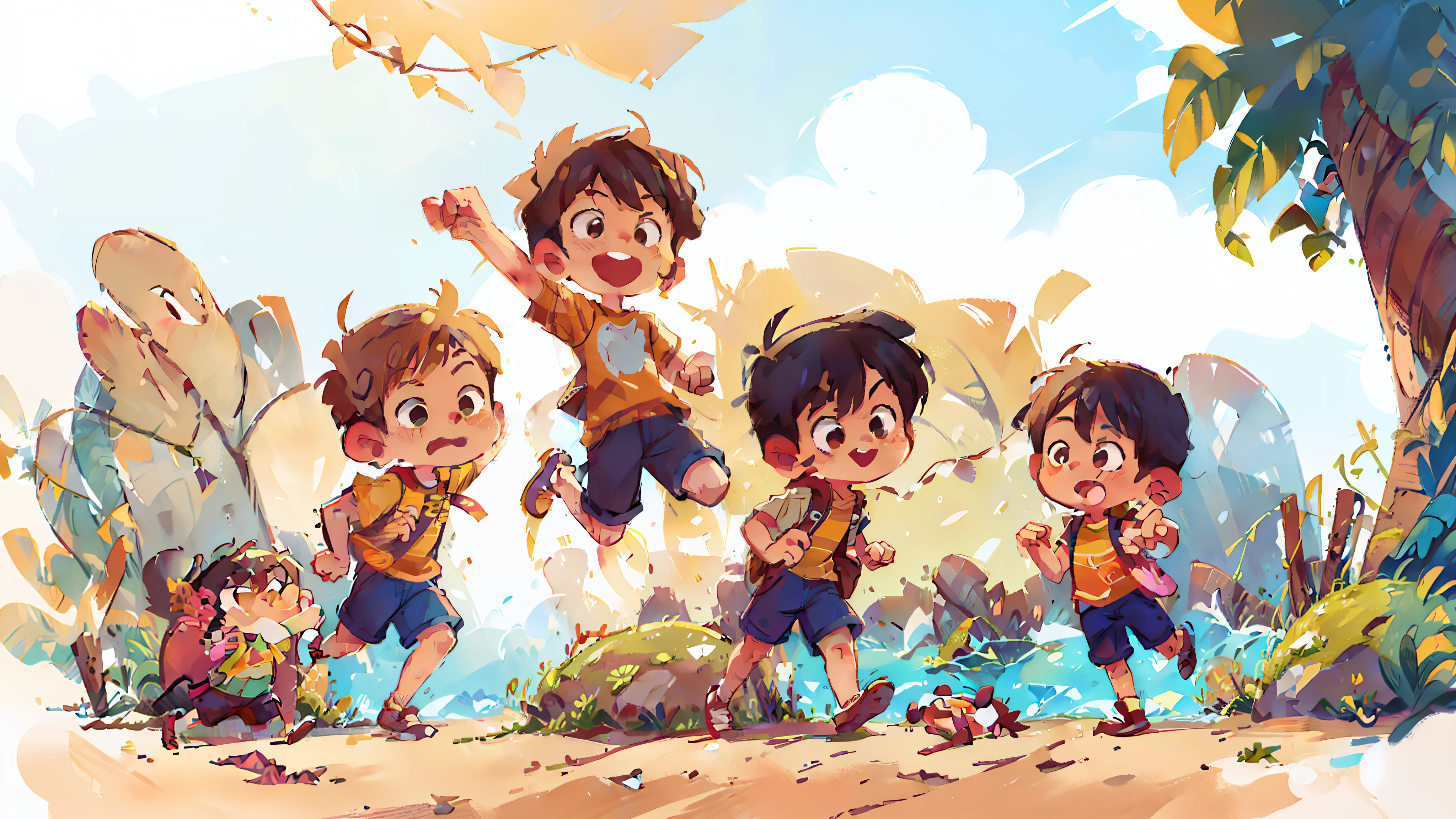 Two handsome boys sunny positive energy boys, an Asian boy, a European boy, chibi proportions, stylish shoes, full body, seaside running and jumping action, background with sun, sand, sea, blender, candy color, fashion trend, super details