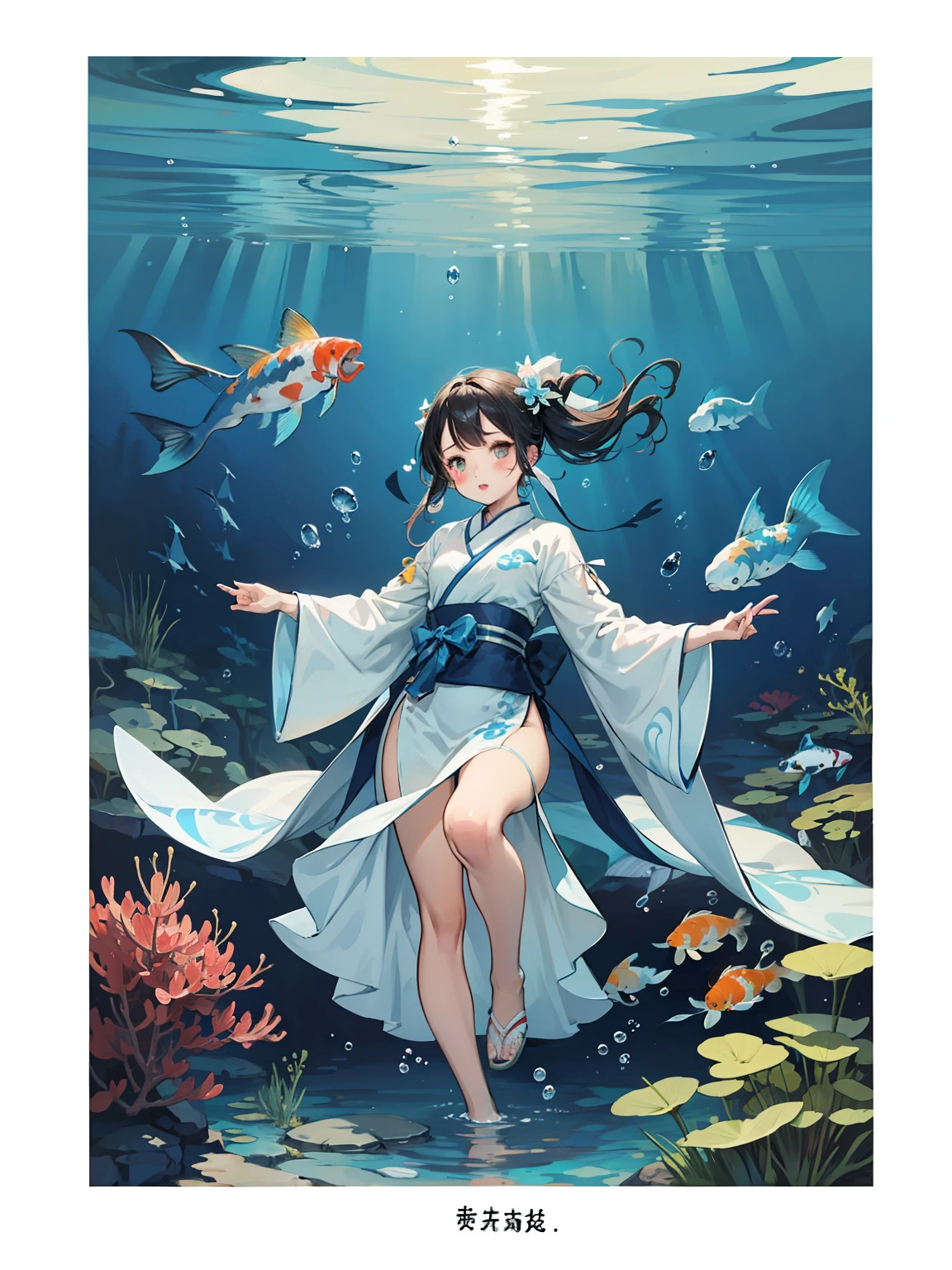 A girl in Chinese Hanfu, swim underwater, blue color、,with big eyes，yellows、blue oceanSurrounded by air bubbles and three koi, Rule of Thirds composition,Tyndall effect, drops of water,comic pinup style,style of hayao miyazaki. Light refracts