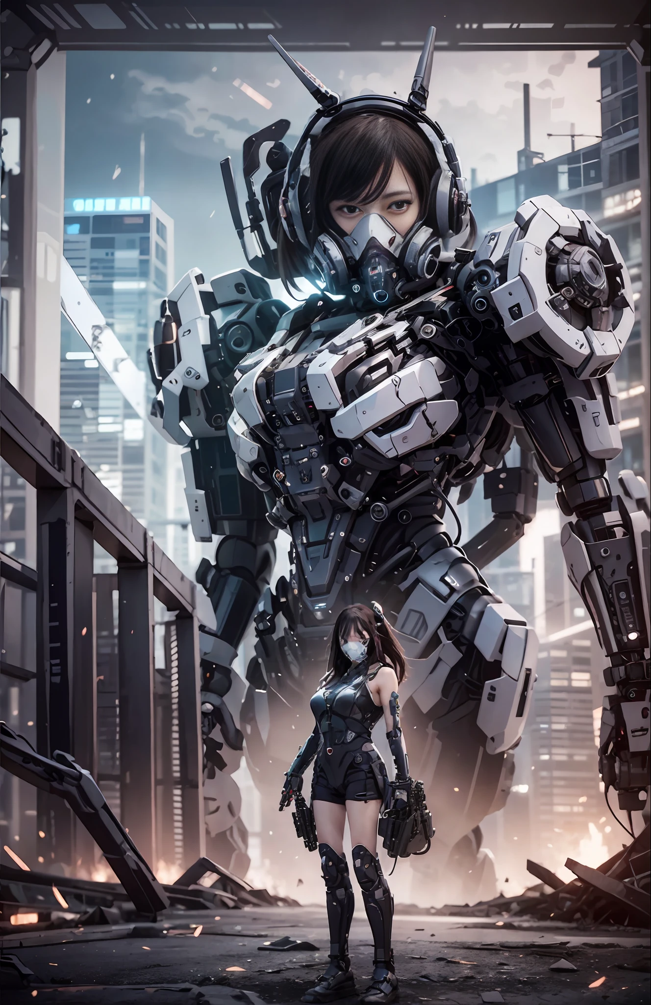 This is a CG Unity 8k wallpaper with ultra-detailed, high-resolution and top quality in cyberpunk style, dominated by black and red. In the picture, a beautiful girl with white messy short hair, a delicate face, wearing a steam mecha mask, standing on the ruins, behind her is a huge robot, and the action of a woman holding a heavy sniper rifle in her hand,