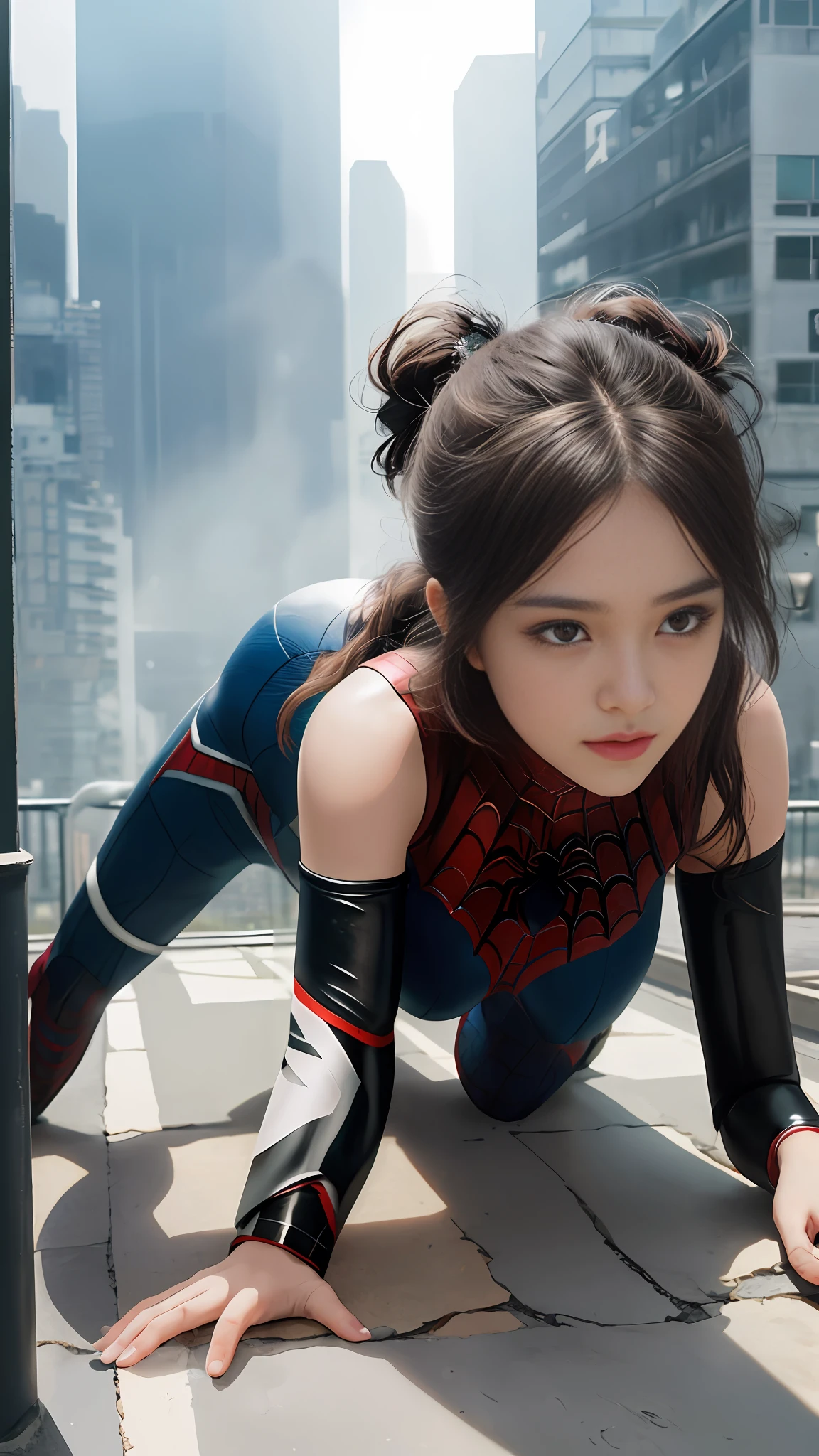 （A girl in a red and black Spider-Man suit lies  on the edge of the building,Separate the legs，Butt up:1.4），The upper body is lying on the ground， solo， （（（very detailled face））），（（Very detailed eyes and face））），Beautiful Detail Eyes，Body parts__，official arts，统一的8k壁纸，is super detailed，Beautiful and beautiful，beauitful，master masterpiece，best best quality，primitive，master masterpiece，ultra fine photos，best best quality，Ultra High resolution，photorealistic realism，sunrays，fullbody portrait，amazingly beautiful，dynamicpose，Delicate Faces，Vibrant Eyes，Very detailed city roof background， Roof，overlooking the city，Detailed face，detailed complex busy background，untidy，Ornate，Milky White，Highly detailed skin，Realistic Skin Details，Visible pores，Crisp focus，volume fog，8k uhd，digital SLR camera，high quallity，filmgrain，Fair Skin，Photo realism，iustration，A huge metropolis of the dystopia of the future， translucence