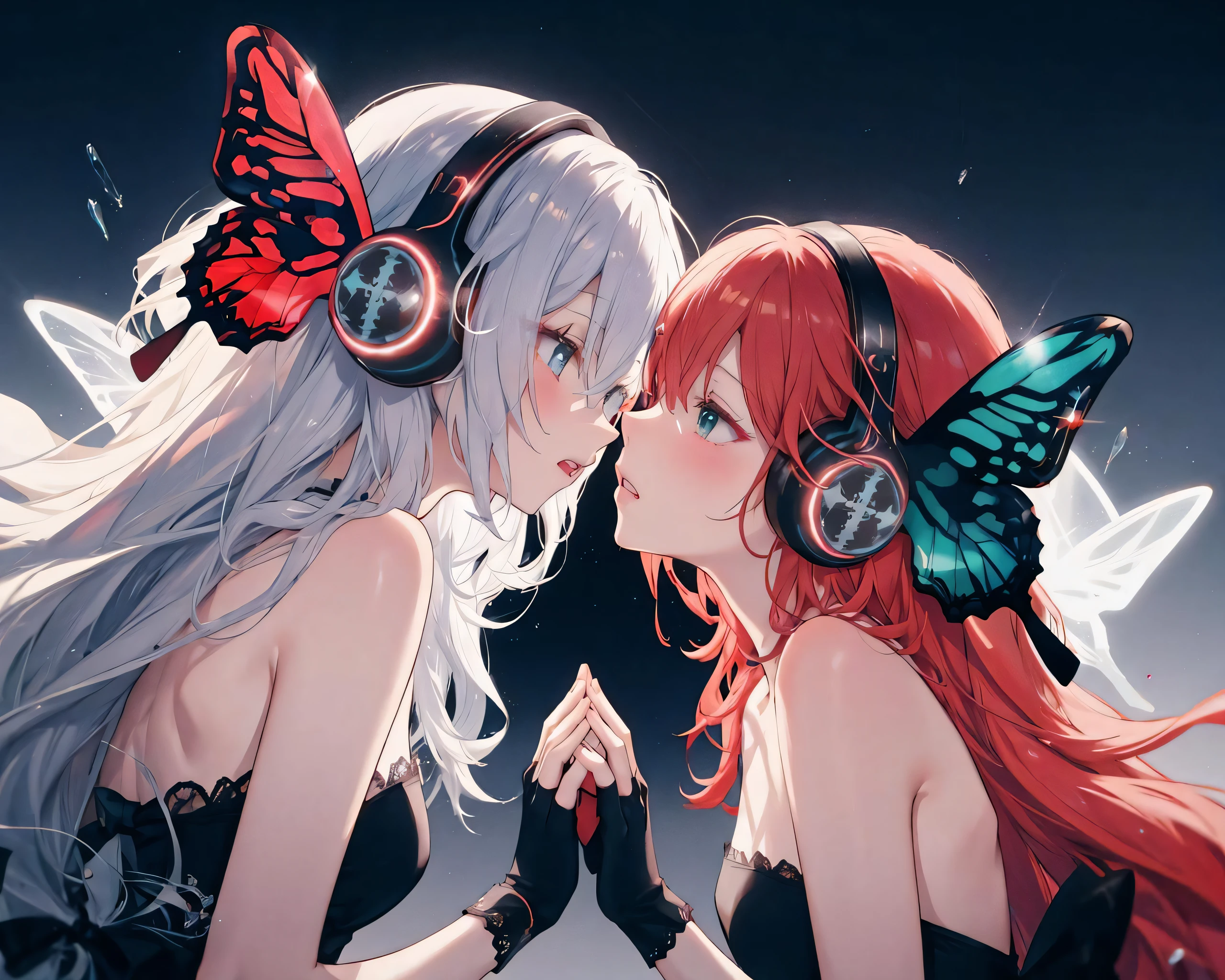 magnetvocaloid,butterfly wings headphones,
multiple girls, 2girls, yuri,fingerless gloves,
red hair,black veil,funeral dress, black dress,