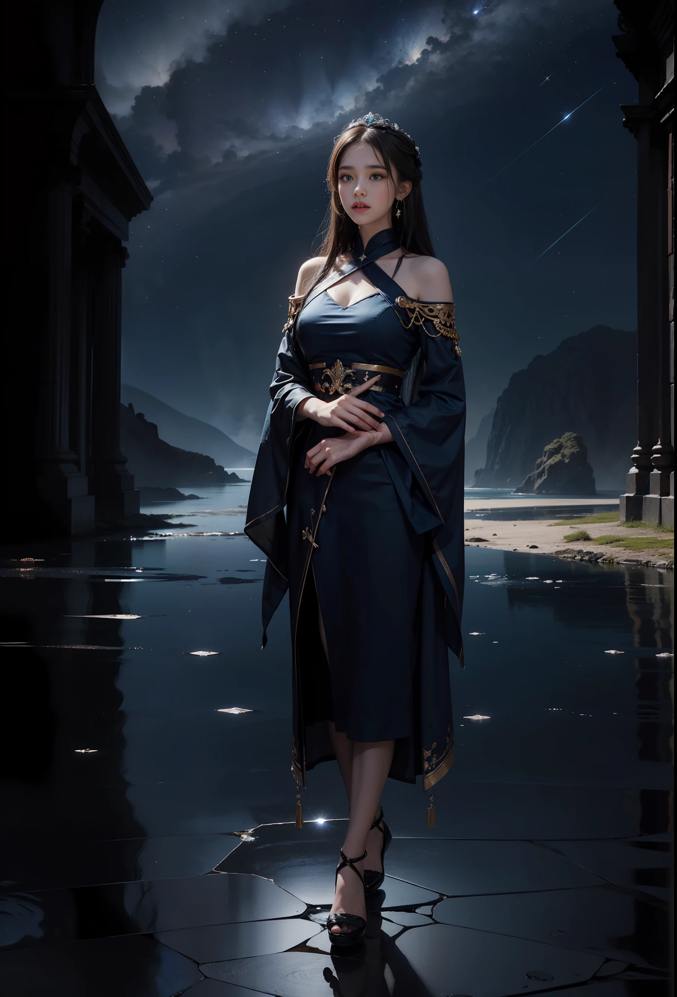 Ancient Roman hall, black and white tiles, broken glass, floor reflection, blue starry sky, starry blue long-haired girl, absurdity, fantasy, cute, bright blue eyes, holding stars, dark colors, brilliant starry rivers, water, hazy beauty, confusion, dark, detail portrayal, light and shadow portrayal, artificial intelligence, science fiction, earrings, character focus, character highlights,