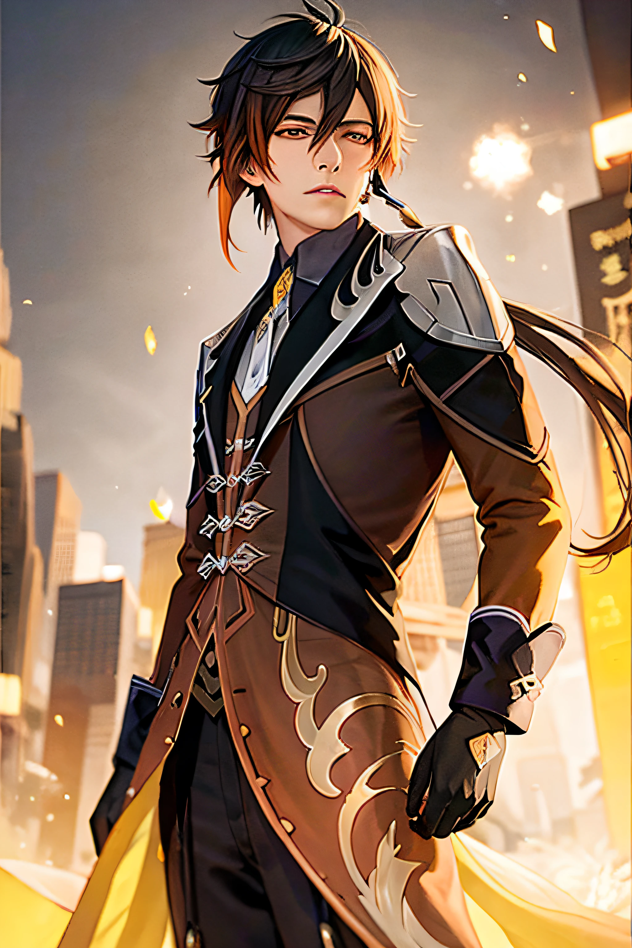 masterpiece, best quality,zhongli (genshin impact), male focus, jewelry, long hair, 1boy, solo, earrings, bangs, gloves, ponytail, black gloves, multicolored hair, brown hair, hair between eyes, single earring,  jacket, tassel earrings, long sleeves, tassel, looking at viewer, yellow eyes,gradient hair, suit, black hair,  (grey background:1.4),(kbxll:0.6)