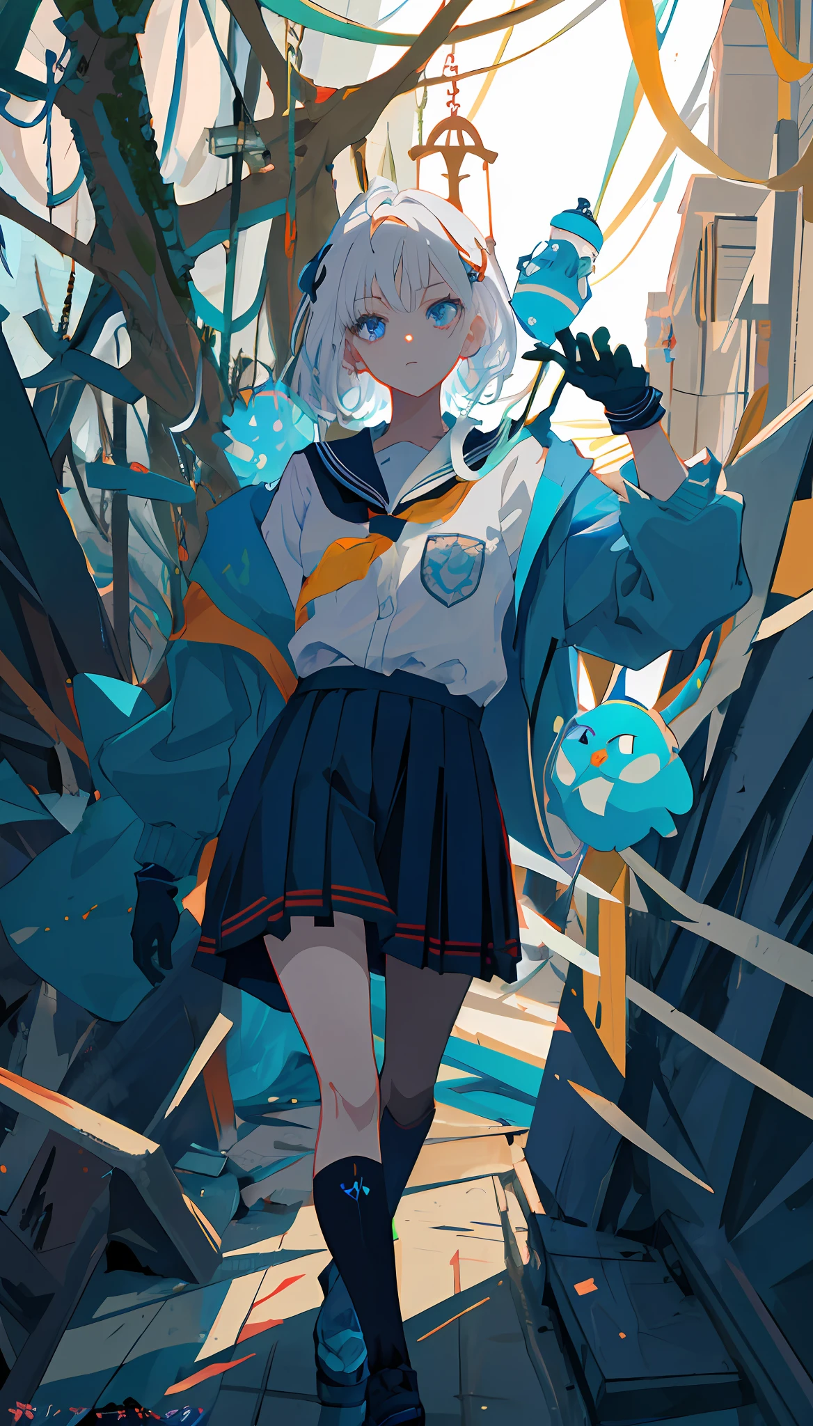 master masterpiece，high quallity，1girl，A female investigator wears a student uniform，anime girl with white hair and black gloves walking through a forest, artwork in the style of guweiz, anime lush john 8k woods, anime cover,detailed anime character art, anime style 4 k, The character depiction is very detailed，The female investigator in the picture has multiple scars，It gives a terrifying feeling that the female investigator wears a jacket，The whole image is very nuanced。