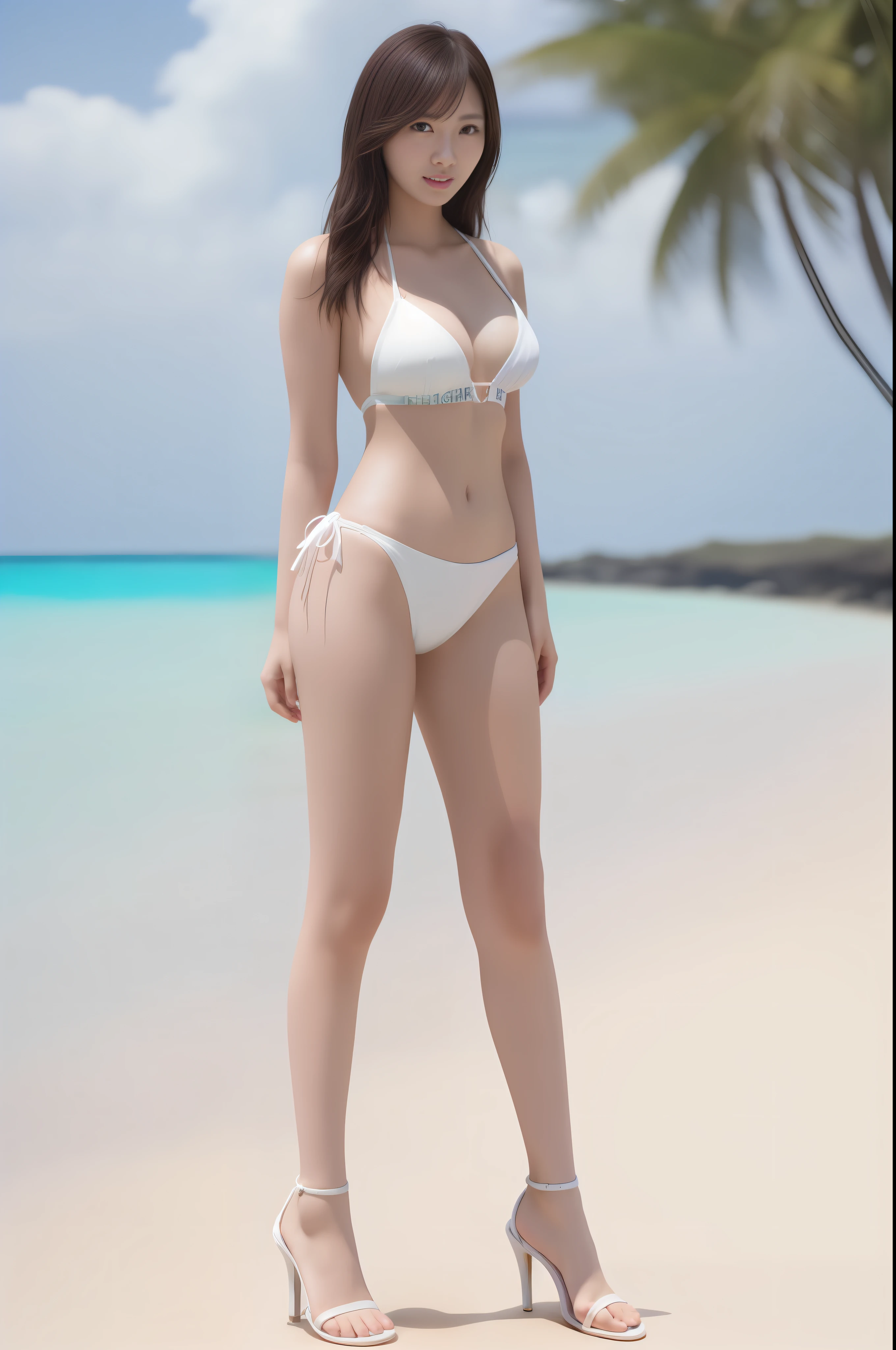 The Highest Quality、master masterpiece、HIGH DEFINITION、PHOTOREALISTIC、ultra Realistic、sun tyndall effect、PHOTOREALISTIC、(High Detail Skins:)、8K UHD、Dslr、Soft lighting、HIGH QUALITY、Volumetric lighting、candid photo、whole body photo、HIGH DEFINITION、4K、8K、bokeh、ultra Realistic8K CG、There is a woman in a white micro bikini standing on the beach、Realistic Micro Bikini、photorealistic perfect body、huge  boobs、FULL BODY、bikini model、white microbikini、Beautiful asian girl、Sexy Bikini、 gravure model, Costumes: MICROBIKINI, Sexy Girls, beautiful model girl, Perfect body,