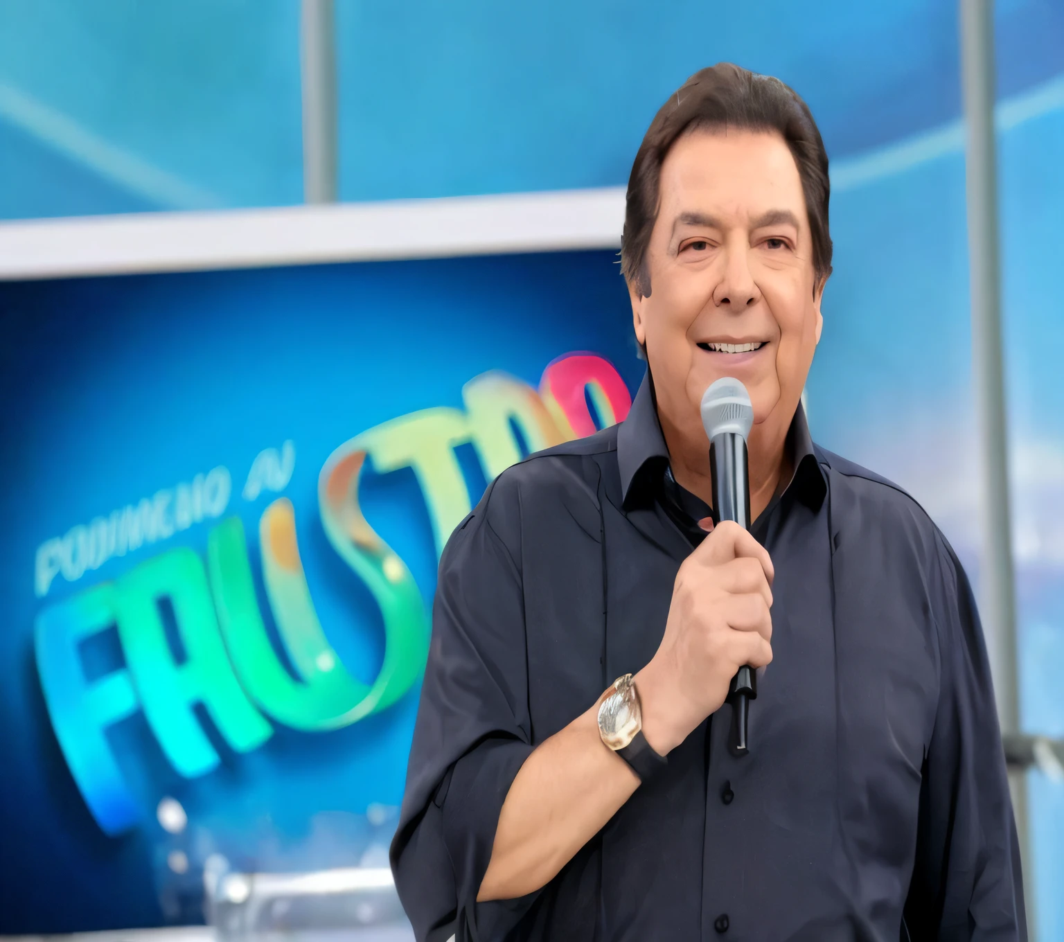 Homem de camisa preta segurando um microfone e sorrindo, silvio santos, Victor Maristane, Direction: Willie Ito, Eddie Del Rio, Carlos Huante, Frank Frazeta, Ricardo Milos, Pepe Moreno, valter de morais, Arauto Ortega, Direction: Ric Estrada, inspirado em Pablo Carpio, david rios ferreira, Rua Juliana --auto