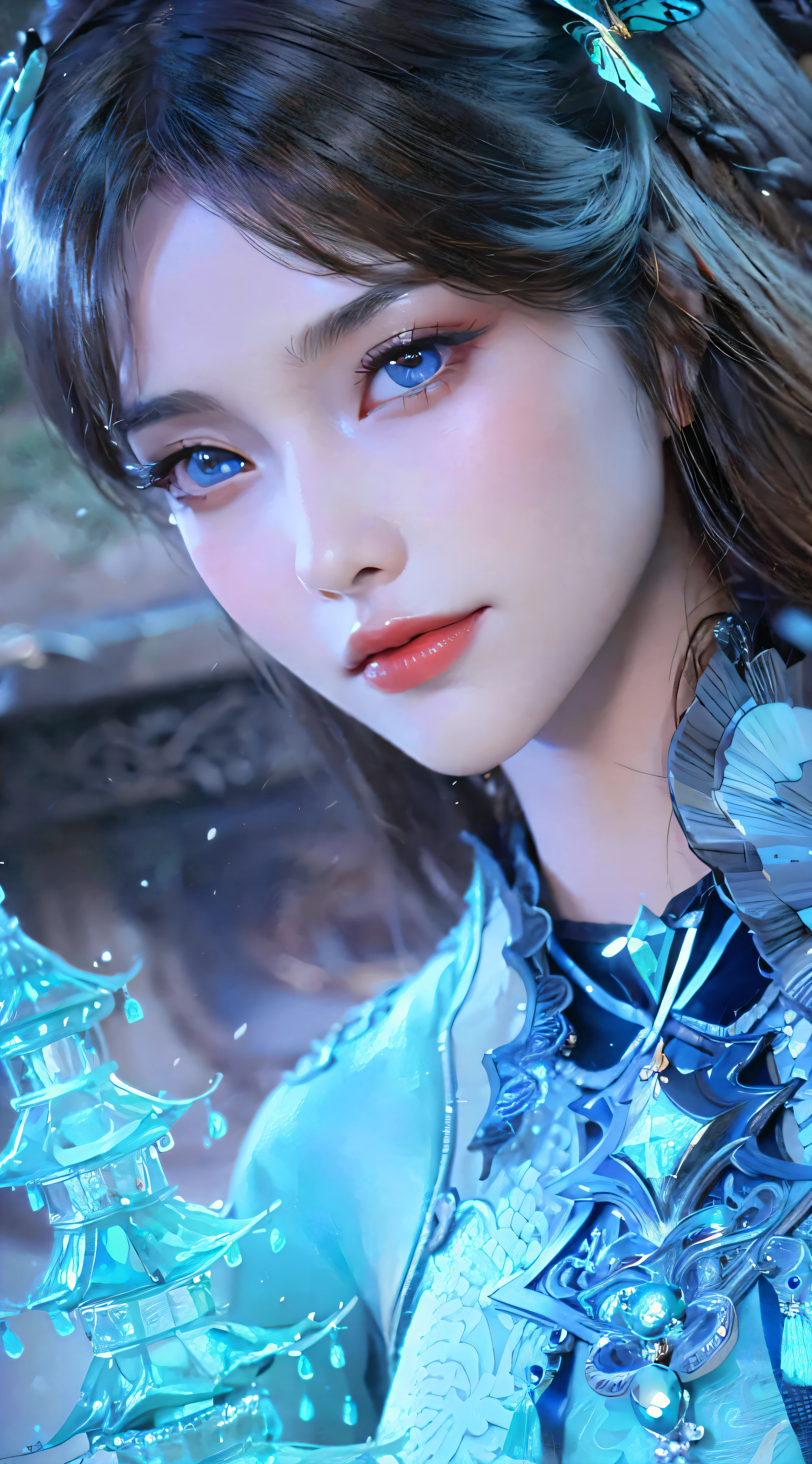 a close up of a woman with a butterfly on her shoulder, 8k high quality detailed art, game cg, 4 k detail fantasy, portrait knights of zodiac girl, hyperdetailed fantasy character, great digital art with details, from lineage 2, inspired by Leng Mei, 4k highly detailed digital art, closeup fantasy with water magic, lineage 2 revolution style