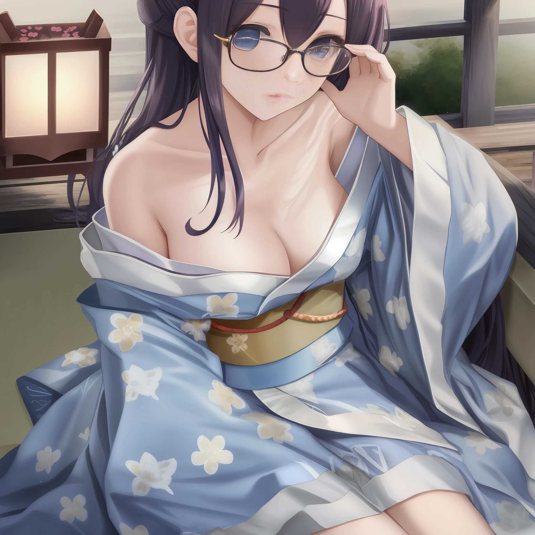 a woman in a kimono sitting on a bench with a blue robe, in kimono, in kimono, ((wearing aristocrat robe)), enchanting anime girl, commission for high res, wearing royal kimono, in robes, Anime Moe Artstyle, goddess of Japan, with glasses, by Kamagurka, [ 4 k digital art ]!!, wearing a simple robe