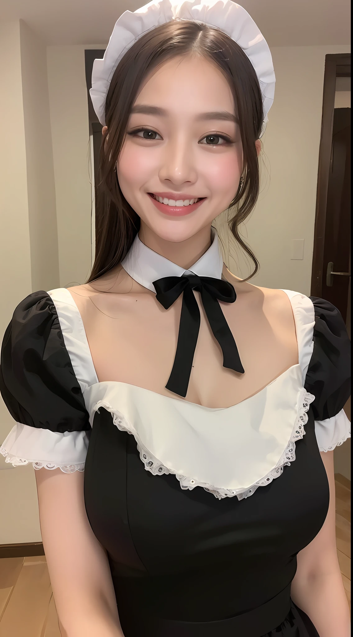 ((The Highest Quality、8k、master masterpiece:1.3))、1女の子、Sorrisos、FULL BODY、Slim Faces、a pretty woman、(darkbrown hair)、Maid outfit、hyper detailed face、Detailed eye、Double Eyelid、blurred background、Slim Faces、thin feet