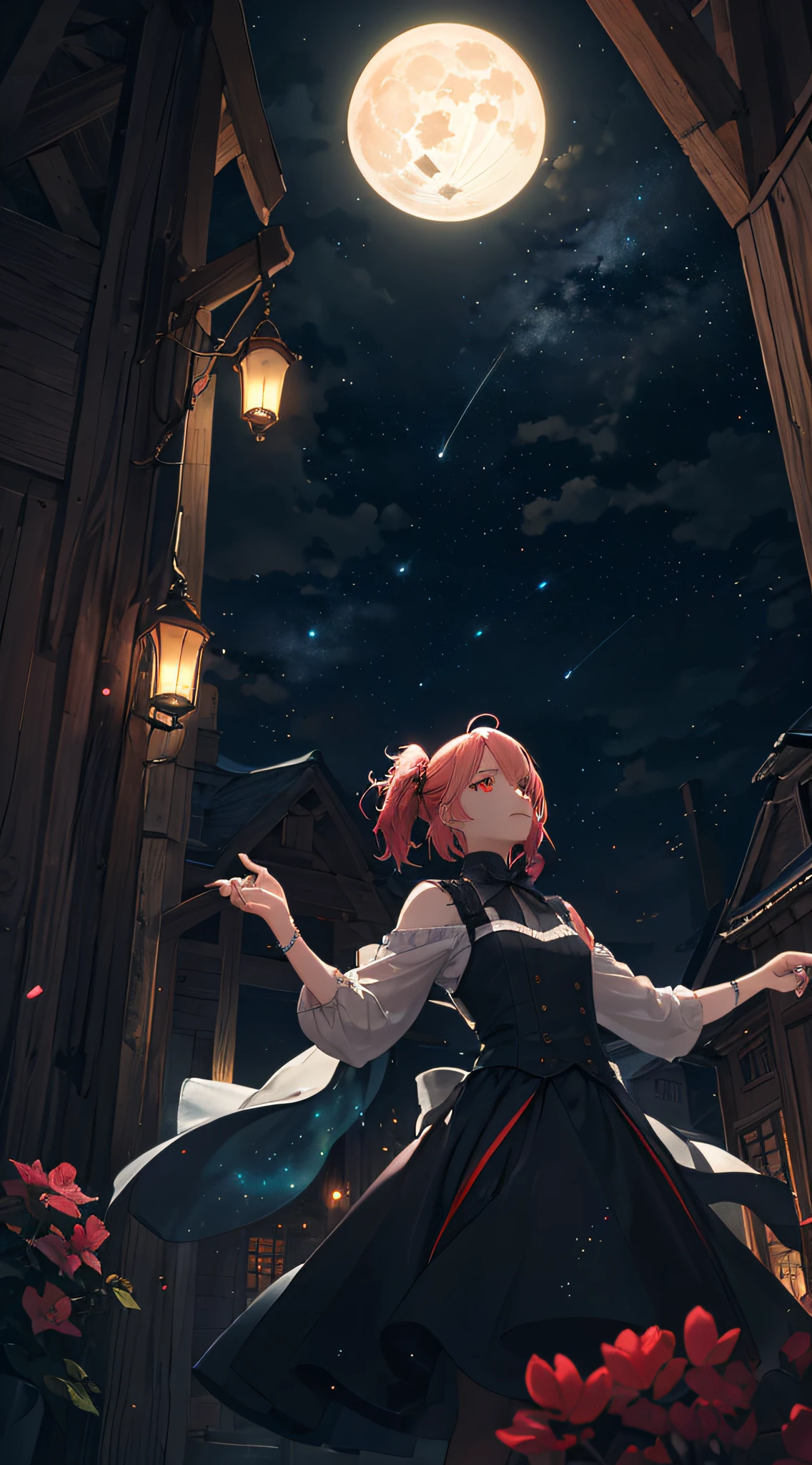 A wide landscape photo, (viewed from below, the sky is above, and the open field is below), a girl standing on a flower field looking up, (full moon: 1.2), (meteor: 0.9), (nebula: 1.3), distant mountains , Trees BREAK Crafting Art, (Warm Light: 1.2), (Firefly: 1.2), Lights, Lots of Purple and Orange, Intricate Details, Volumetric Lighting BREAK (Masterpiece: 1.2), (Best Quality), 4k, Ultra Detailed, (Dynamic Composition: 1.4), Rich in Detail and Color, (Rainbow Color: 1.2), (Glow, Atmospheric Lighting), Dreamy, Magical, (Solo: 1.2)