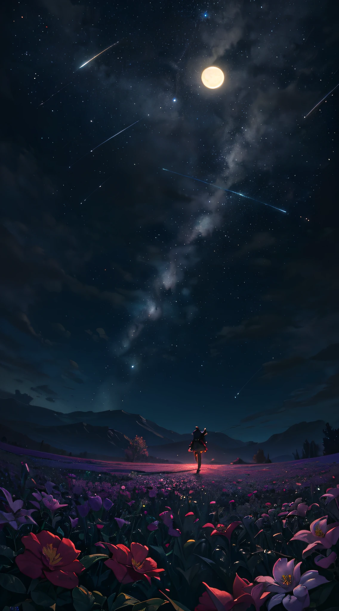 A wide landscape photo, (viewed from below, the sky is above, and the open field is below), a girl standing on a flower field looking up, (full moon: 1.2), (meteor: 0.9), (nebula: 1.3), distant mountains , Trees BREAK Crafting Art, (Warm Light: 1.2), (Firefly: 1.2), Lights, Lots of Purple and Orange, Intricate Details, Volumetric Lighting BREAK (Masterpiece: 1.2), (Best Quality), 4k, Ultra Detailed, (Dynamic Composition: 1.4), Rich in Detail and Color, (Rainbow Color: 1.2), (Glow, Atmospheric Lighting), Dreamy, Magical, (Solo: 1.2)