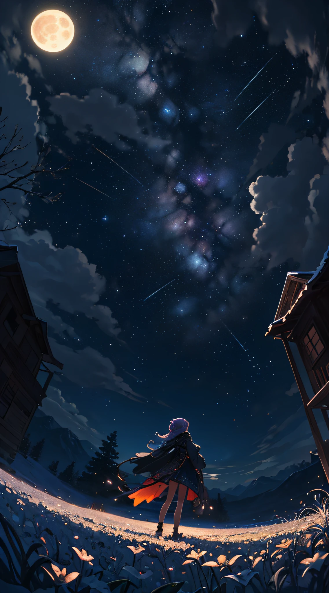 A wide landscape photo, (viewed from below, the sky is above, and the open field is below), a girl standing on a flower field looking up, (full moon: 1.2), (meteor: 0.9), (nebula: 1.3), distant mountains , Trees BREAK Crafting Art, (Warm Light: 1.2), (Firefly: 1.2), Lights, Lots of Purple and Orange, Intricate Details, Volumetric Lighting BREAK (Masterpiece: 1.2), (Best Quality), 4k, Ultra Detailed, (Dynamic Composition: 1.4), Rich in Detail and Color, (Rainbow Color: 1.2), (Glow, Atmospheric Lighting), Dreamy, Magical, (Solo: 1.2)
