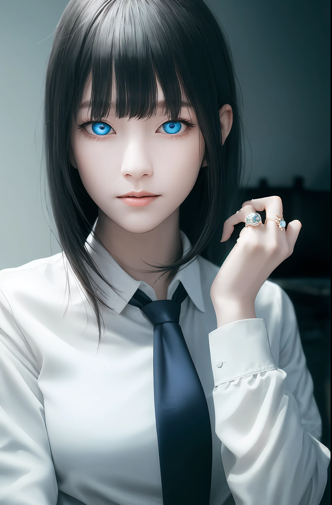 Masterpiece, (Photorealistic: 1.4), Top Quality, Beautiful Lighting, (ulzzang-6500:0.5), Makima \(Chainsaw Man\), (Bob Hair) + (Black Hair) + (Bangs), Blue Eyes, Blue Eyes, (((Ring Eyes)), (White Shirt), (Tie), RAW Photography, 8k UHD, Film Grain