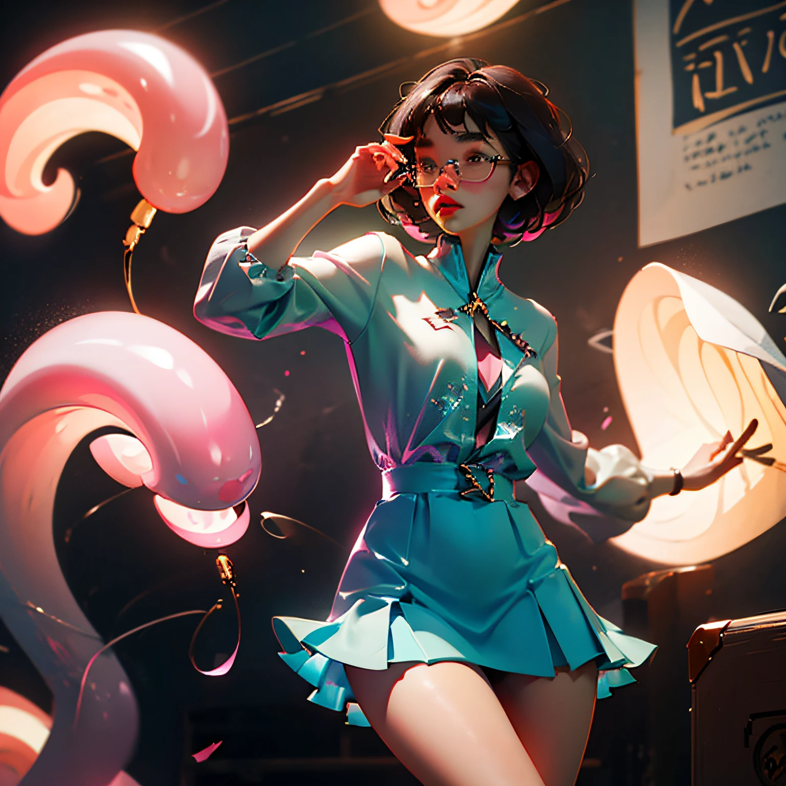 A girl with short hair wearing glasses，Pink lips，miniskirts --auto