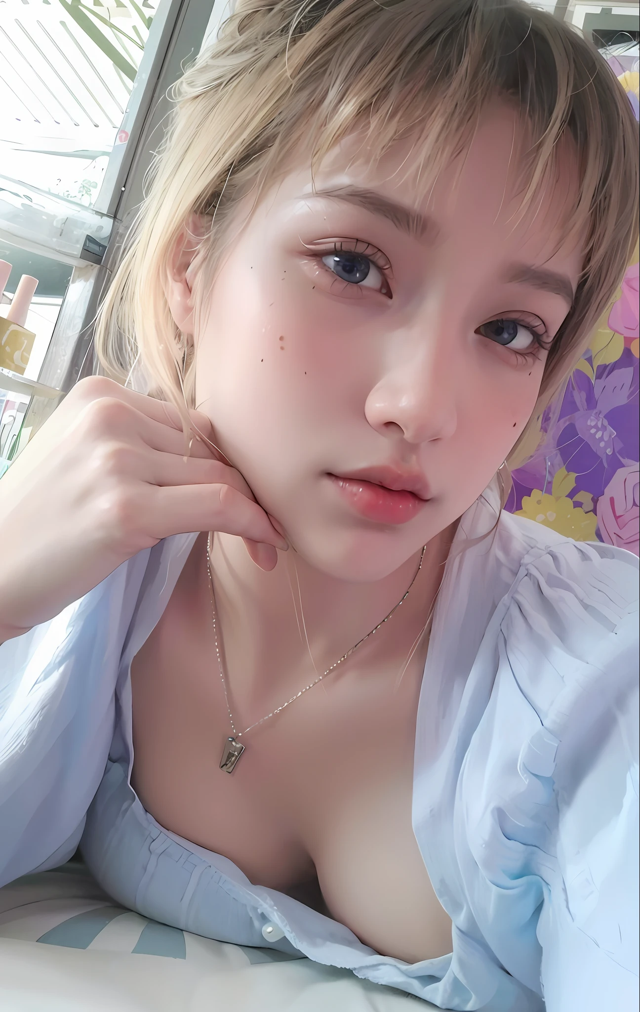 (hyperrealistic), (illustration), (high resolution), (8K), (extremely detailed), (best illustration), (beautiful detailed eyes), (best quality), (ultra-detailed), (masterpiece), (wallpaper), (detailed face), solo 1 girl, white wavy hair, korean, heterochromic eyes, small moles under the eyes, loose white shirt, yoga pants, ???????????, long legs, tight abs, camel toes, dynamic pose