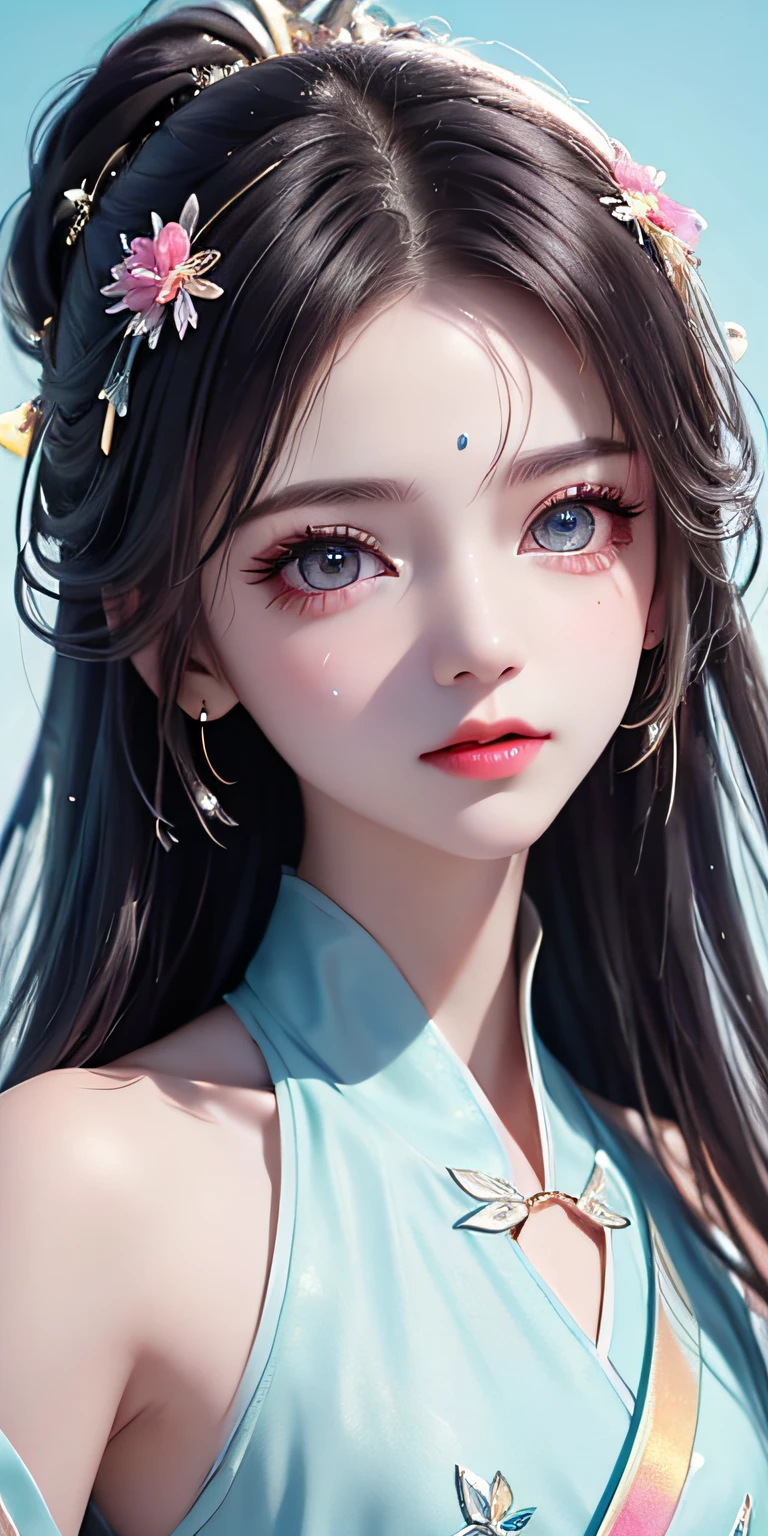 (Pink fashion T-Camisa,:1.9),(Colorful hair:1.8),(Rainbow all colors:1.8),((((Vertical painting:1.6))),(painterly:1.6),front side,comic,illustration,painterly,with big eyes,Crystal clear,(Iridescent gradient high ponytail:1.7),elaborate makeup,closed Mouth,(Small fresh:1.5),long lashes,White shoulder T- Camisa,, White Shoulder Shirt,looking at the viewers,watery big eyes,(rainbow color Hair:1.6), Color Splash, (solo:1.8), Color Splash, Color explosion, Color Splash, Color explosion, Thick lacquer style,Messy lines,((Shiny,)) ,(colorful,,,,), Thick Paint Style, (Splash) (Color Splash), Vertical Painting, upper body, Paint Splash, Acrylic Pigment, Gradient, Paint, Highest Image Quality, the highest picture quality, Masterpiece, Solo, depth offield, Face Paint, colorful clothes, (elegence: 1.2), Ornate, long haired, aeolian, (elegence: 1.3), (petaled: 1.4),(((master masterpiece))),(((the best quality t))),((ultra Detailed)),(illustartion),(Dynamic Angle),((floating)),(painti),((Loose hair)),(solo),(1girl) , (( (Detailed anima face))),((Beautiful detailed face)),collars,Shoulders exposed,White Hair,((colourfel hair)),((streaked hair)),Beautiful detailed eyes,(Gradient eyes),(( (color eyes))),(((colorfully background))),(((high satur))),(((Surrounded by colorful splashes))),()Hanfu)