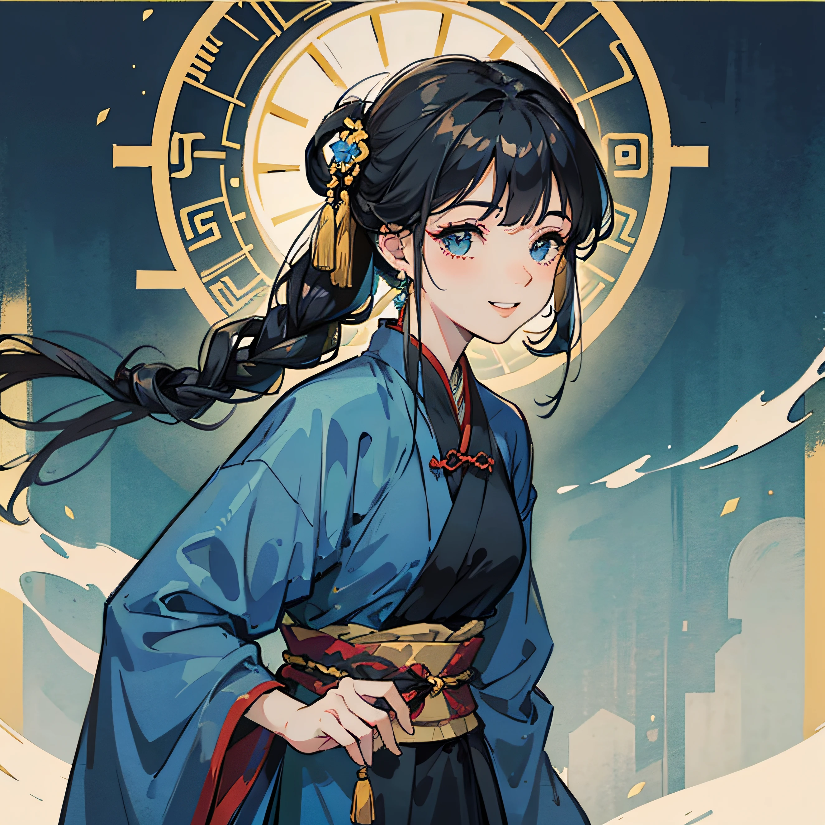 Masterpiece,1 girl, best best quality,(((）Hanfu)),beautiful and cute, front side, exquisite,out door, soft light, Animation, Ancient Style, portrait，，, historical sense, ((blue clothes)), ((black color hair)), the Imperial Palace, ((classical hairstyle)), gauze,）Hanfu,FULL BODY,Princess，Long whip in hand，Chuckling，Chinese-style jewelry，Jeepley style --auto