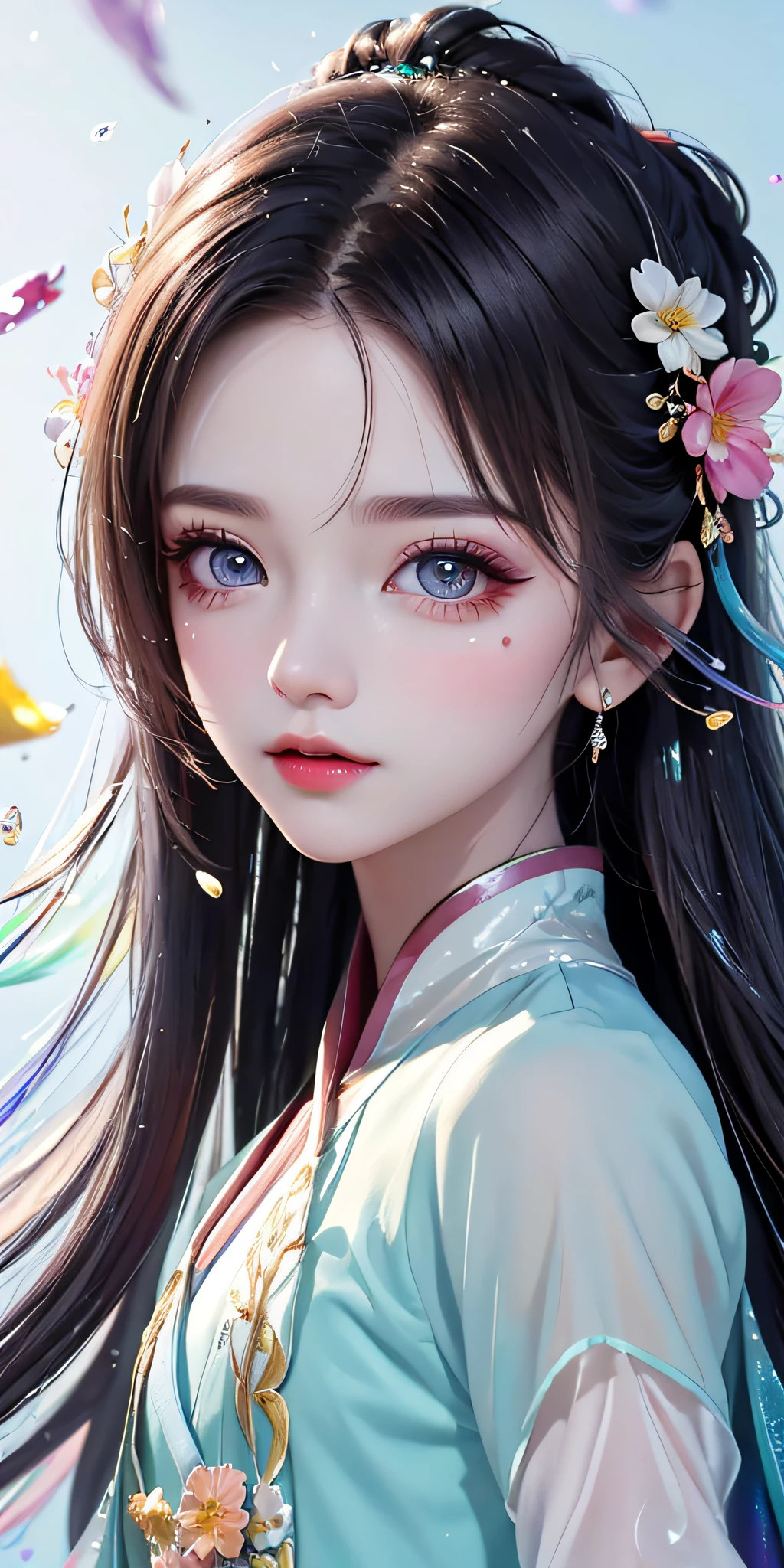 (Pink fashion T-Camisa,:1.9),(Colorful hair:1.8),(Rainbow all colors:1.8),((((Vertical painting:1.6))),(painterly:1.6),front side,comic,illustration,painterly,with big eyes,Crystal clear,(Iridescent gradient high ponytail:1.7),elaborate makeup,closed Mouth,(Small fresh:1.5),long lashes,White shoulder T- Camisa,, White Shoulder Shirt,looking at the viewers,watery big eyes,(rainbow color Hair:1.6), Color Splash, (solo:1.8), Color Splash, Color explosion, Color Splash, Color explosion, Thick lacquer style,Messy lines,((Shiny,)) ,(colorful,,,,), Thick Paint Style, (Splash) (Color Splash), Vertical Painting, upper body, Paint Splash, Acrylic Pigment, Gradient, Paint, Highest Image Quality, the highest picture quality, Masterpiece, Solo, depth offield, Face Paint, colorful clothes, (elegence: 1.2), Ornate, long haired, aeolian, (elegence: 1.3), (petaled: 1.4),(((master masterpiece))),(((the best quality t))),((ultra Detailed)),(illustartion),(Dynamic Angle),((floating)),(painti),((Loose hair)),(solo),(1girl) , (( (Detailed anima face))),((Beautiful detailed face)),collars,Shoulders exposed,White Hair,((colourfel hair)),((streaked hair)),Beautiful detailed eyes,(Gradient eyes),(( (color eyes))),(((colorfully background))),(((high satur))),(((Surrounded by colorful splashes))),()Hanfu)