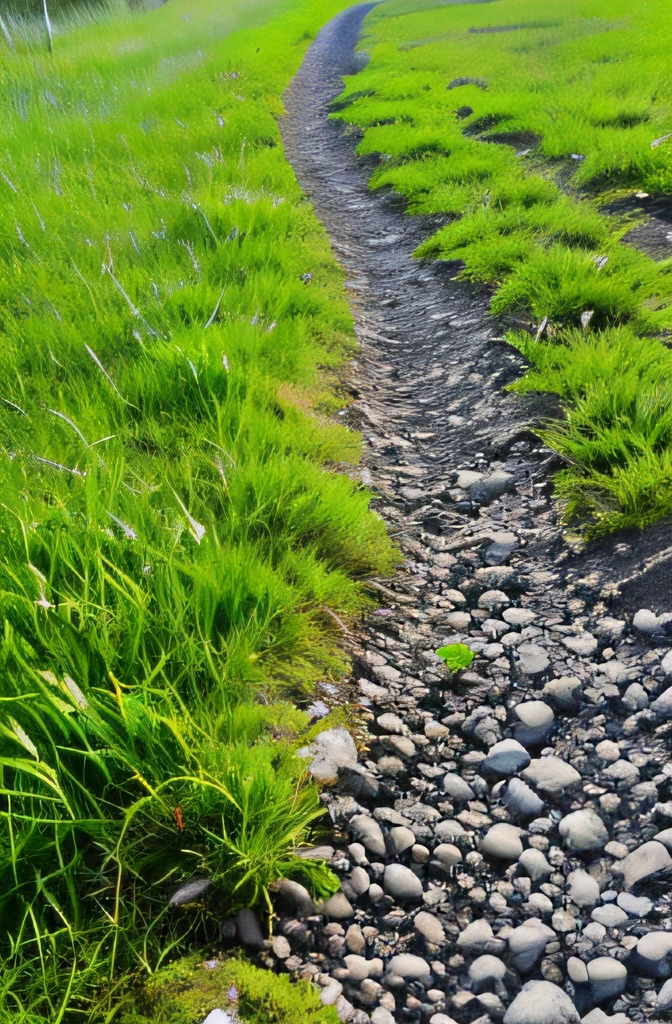there is a small patch of grass growing on the side of a road, rocky ground with a dirt path, gravel and scree ground, dirt road background, rocks coming out of the ground, overgrowth of grass, tiny wires on the ground. narrow, grass and weeds, rocky grass field,, weeds and grass, debris on ground