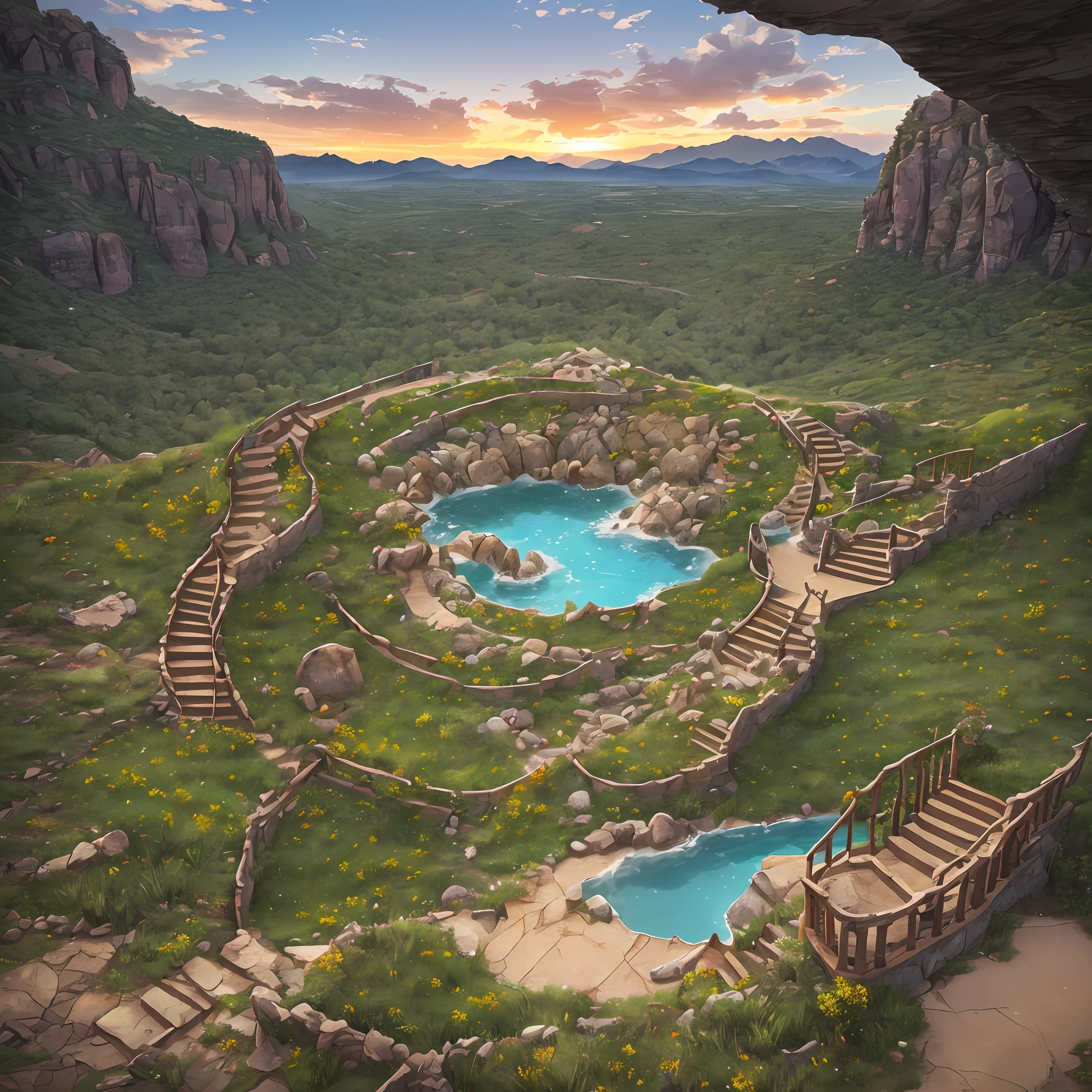 Computer visualized graphics, whirlwind of leaves, “Majestic mountains,” “Lush forests,” “Glittering lakes,” “Desert dunes,” “Golden sunsets."Realistic fantasies", Natural element, Extensive landscape ultra photography (general view, Stone steps, Leading down, to a small area.The railing on the edge collapsed, In the center, Evaluating a cracked bowl – and-La Fountain, What-then small extensions, an ivy-covered statue - what-then masculine, military and the view from here - even the gray mountains on the horizon), blurred background, In the distance of the rock, bank, grim, green, yellow, Graycolor, warm, magic