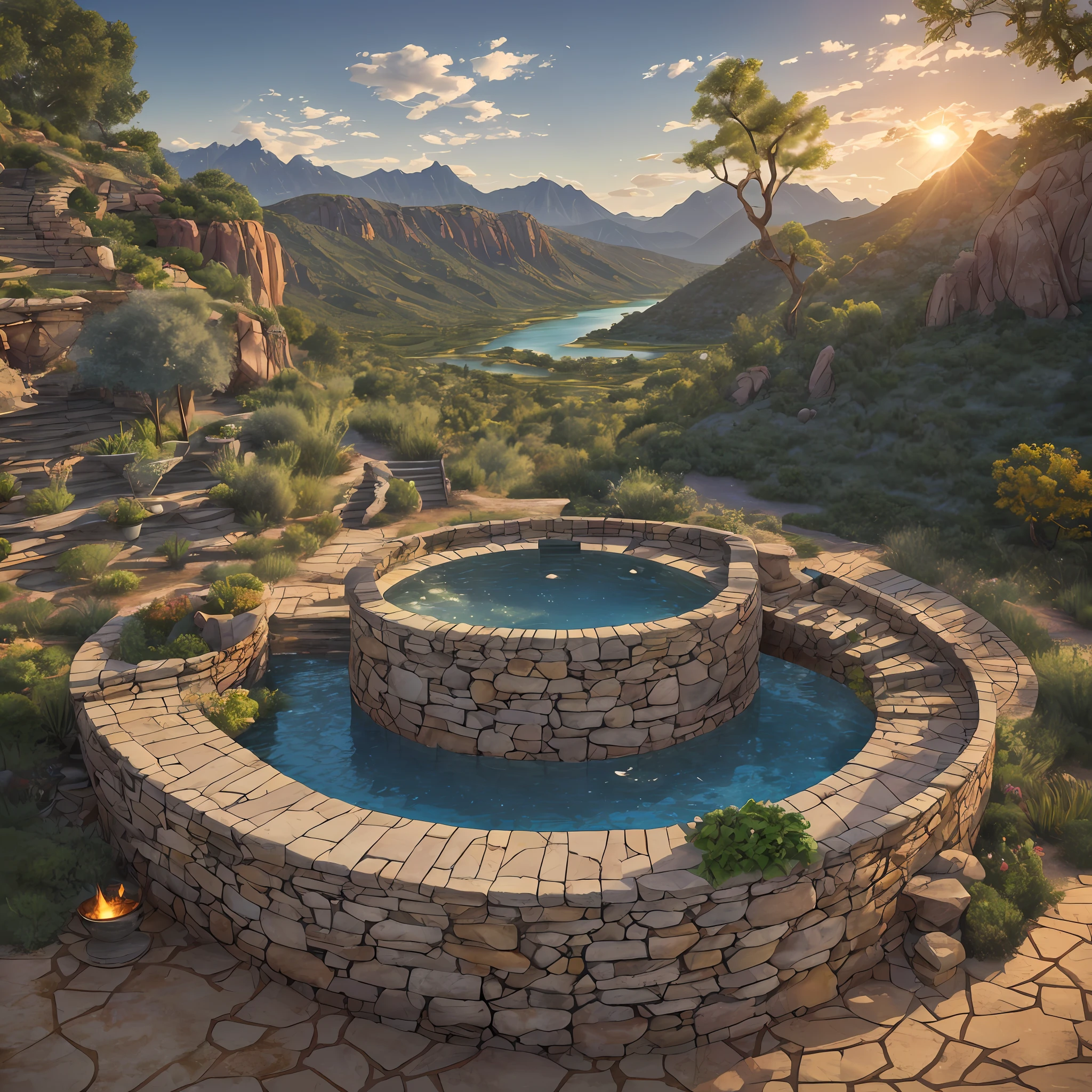 Computer visualized graphics, whirlwind of leaves, “Majestic mountains,” “Lush forests,” “Glittering lakes,” “Desert dunes,” “Golden sunsets."Realistic fantasies", Natural element, Extensive landscape ultra photography (general view, Stone steps, Leading down, to a small area.The railing on the edge collapsed, In the center, Evaluating a cracked bowl – and-La Fountain, What-then small extensions, an ivy-covered statue - what-then masculine, military and the view from here - even the gray mountains on the horizon), blurred background, In the distance of the rock, bank, grim, green, yellow, Graycolor, warm, magic