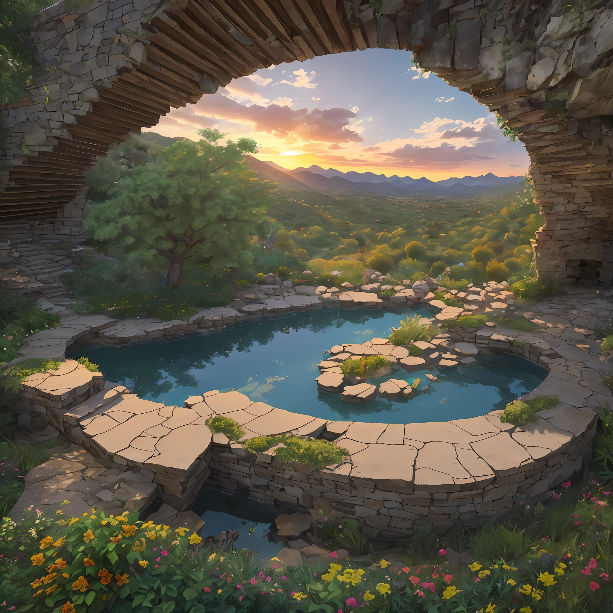 Computer visualized graphics, whirlwind of leaves, “Majestic mountains,” “Lush forests,” “Glittering lakes,” “Desert dunes,” “Golden sunsets."Realistic fantasies", Natural element, Extensive landscape ultra photography (general view, Stone steps, Leading down, to a small area.The railing on the edge collapsed, In the center, Evaluating a cracked bowl – and-La Fountain, What-then small extensions, an ivy-covered statue - what-then masculine, military and the view from here - even the gray mountains on the horizon), blurred background, In the distance of the rock, bank, grim, green, yellow, Graycolor, warm, magic