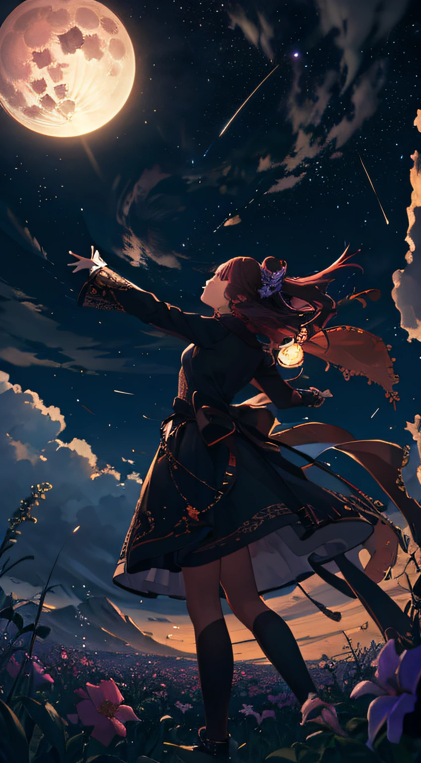 A wide landscape photo, (viewed from below, the sky is above, and the open field is below), a girl standing on a flower field looking up, (full moon: 1.2), (meteor: 0.9), (nebula: 1.3), distant mountains , Trees BREAK Crafting Art, (Warm Light: 1.2), (Firefly: 1.2), Lights, Lots of Purple and Orange, Intricate Details, Volumetric Lighting BREAK (Masterpiece: 1.2), (Best Quality), 4k, Ultra Detailed, (Dynamic Composition: 1.4), Rich in Detail and Color, (Rainbow Color: 1.2), (Glow, Atmospheric Lighting), Dreamy, Magical, (Solo: 1.2)