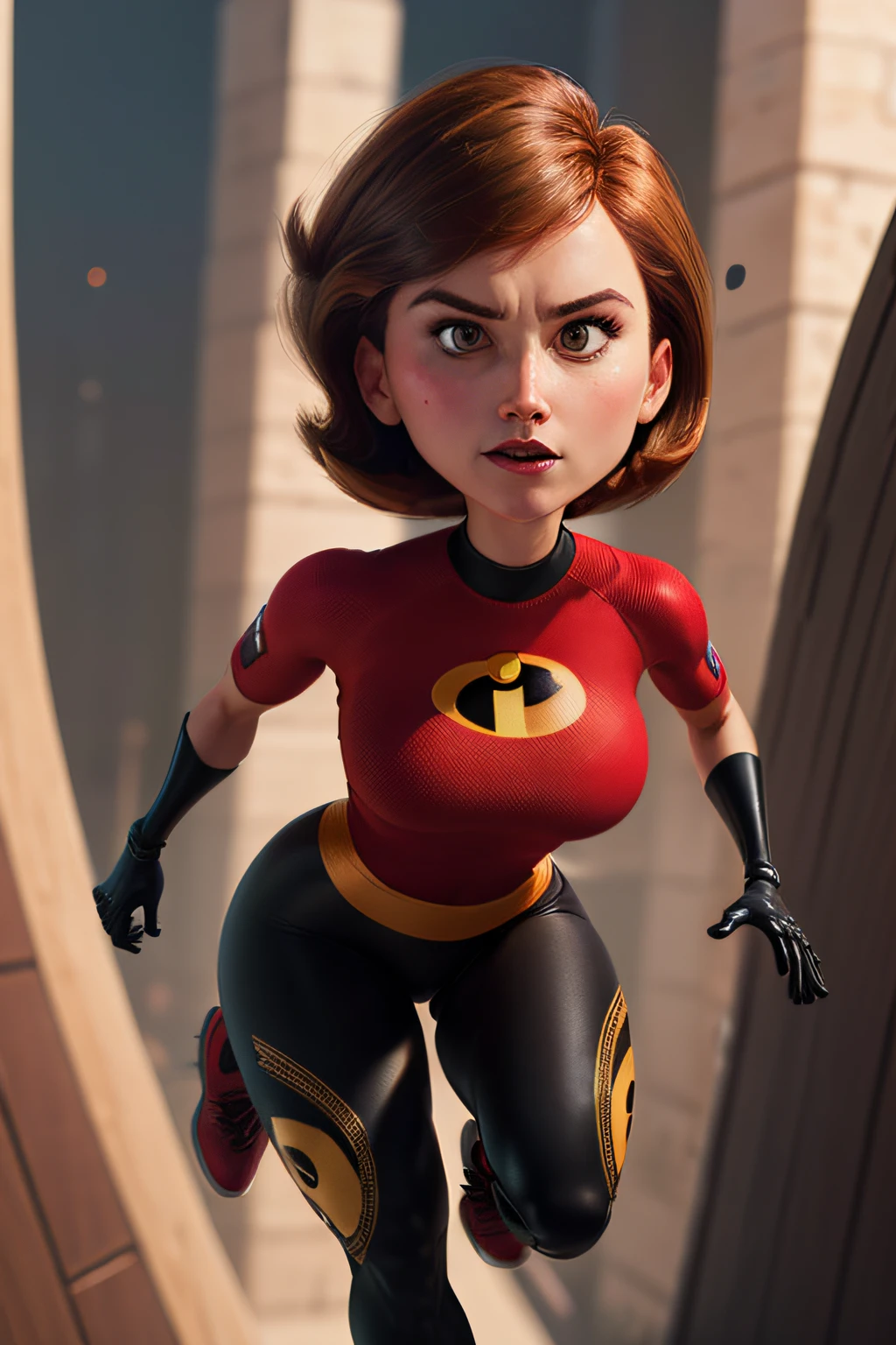 helenparr,1girl, solo, short hair, brown hair, gloves, brown eyes, (masterpiece:1.2), (best quality), (ultra detailed), (8k, 4k, intricate),(full-body-shot:1), (highly detailed:1.2),(detailed face:1.2), (detailed background),detailed landscape, (dynamic angle:1.2), (dynamic pose:1.2),