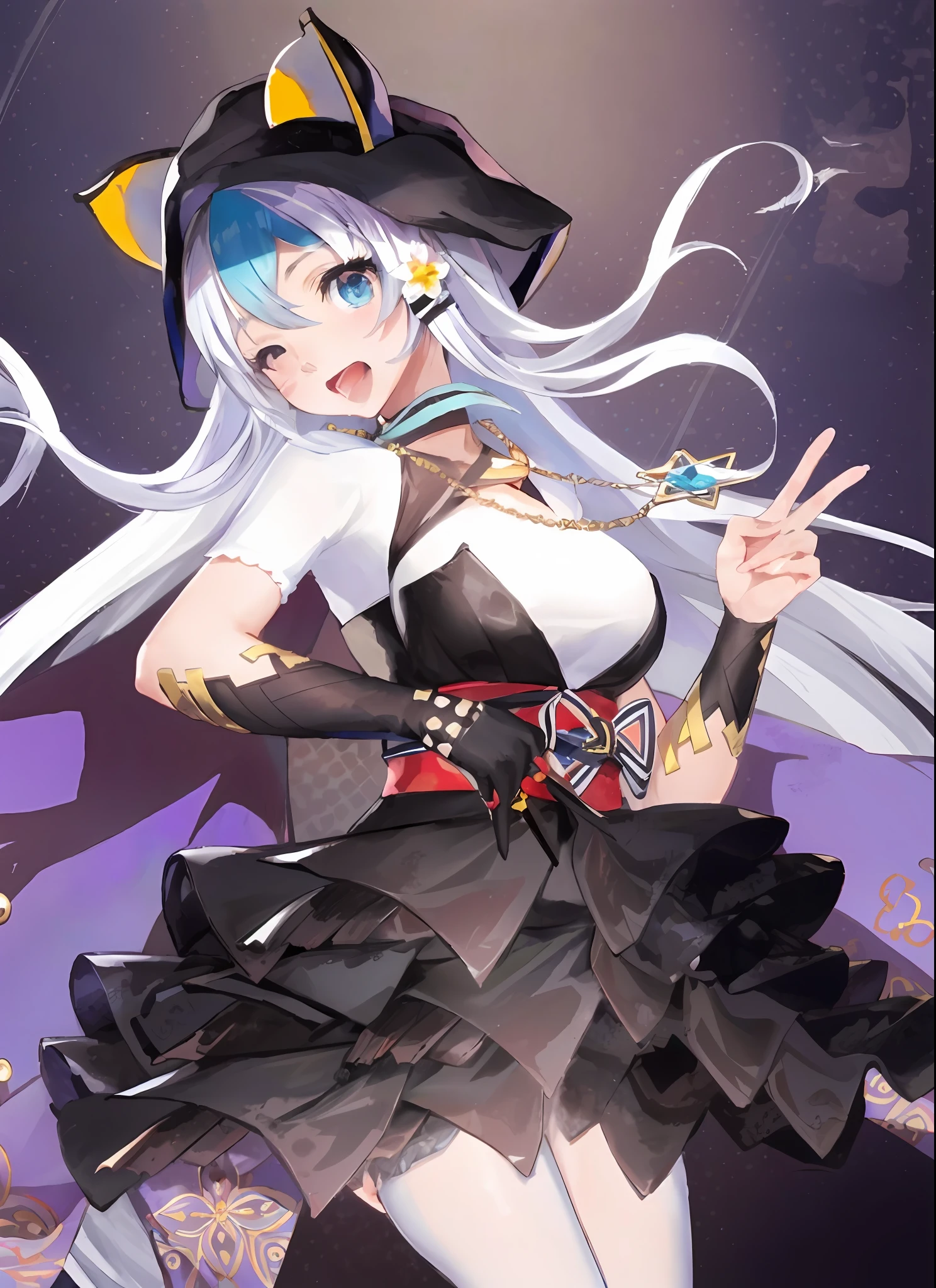 Anime Shoujo Black and White Costume Hat Sword Azure Alley Style Azure Alley Game Characters Night Core Female Front Splash Details Anime Loli Official Onmyoji Portrait Onmyoji Female Front Cosmic Wind Sōzen
