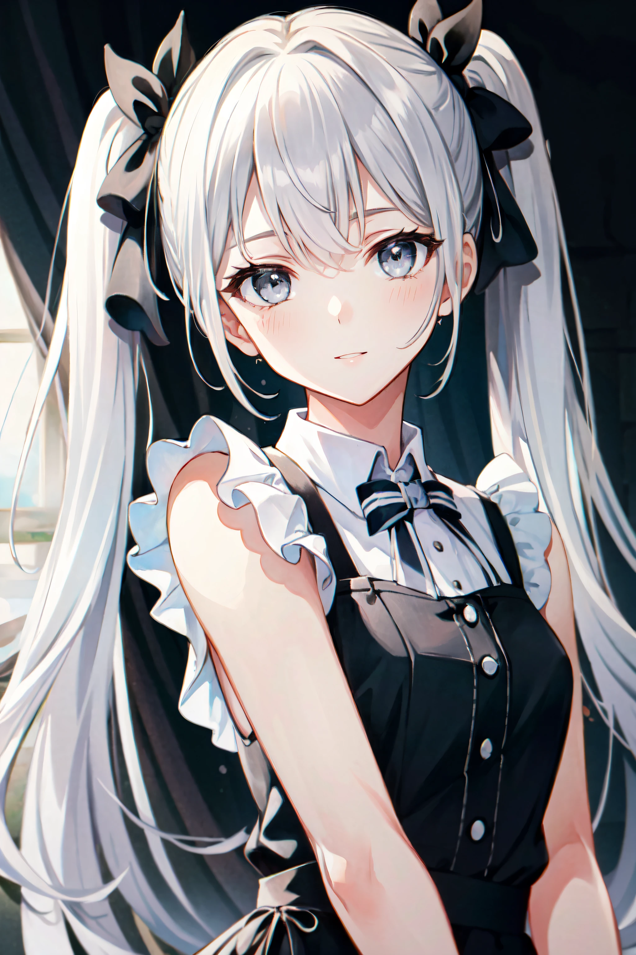(masterpiece, best quality, hi-res:1.2), 1girl, solo, twintails,grey eyes,upper body,dress,