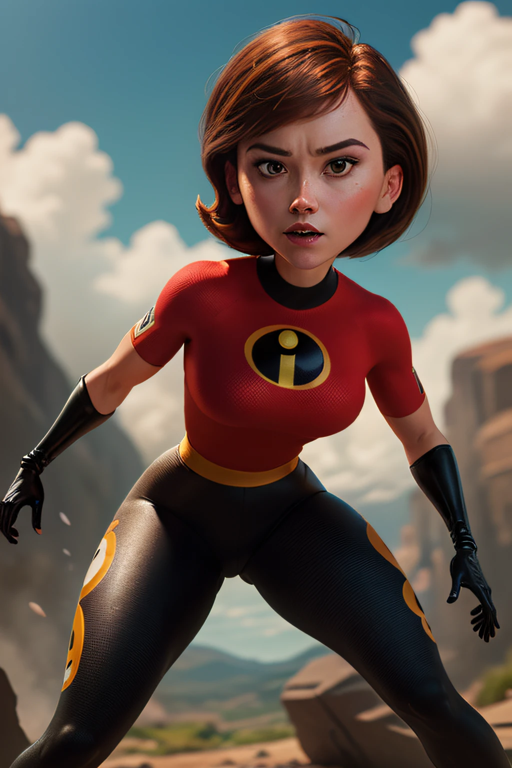 helenparr,1girl, solo, short hair, brown hair, gloves, brown eyes, (masterpiece:1.2), (best quality), (ultra detailed), (8k, 4k, intricate),(full-body-shot:1), (highly detailed:1.2),(detailed face:1.2), (detailed background),detailed landscape, (dynamic angle:1.2), (dynamic pose:1.2),