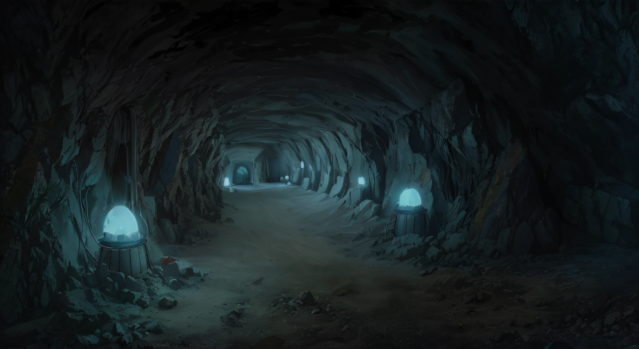 There is a tunnel,There is a light at the end, underground mine, photorealistic dark concept art, dark underground cave, deep environment, the mines of moria, underground cave, mines of moria, industrial futuristic ice mine, mythical gigantic space cavern, cave exploration, underground cave, dark concept art, underground lab, Spooky nostalgic concept art