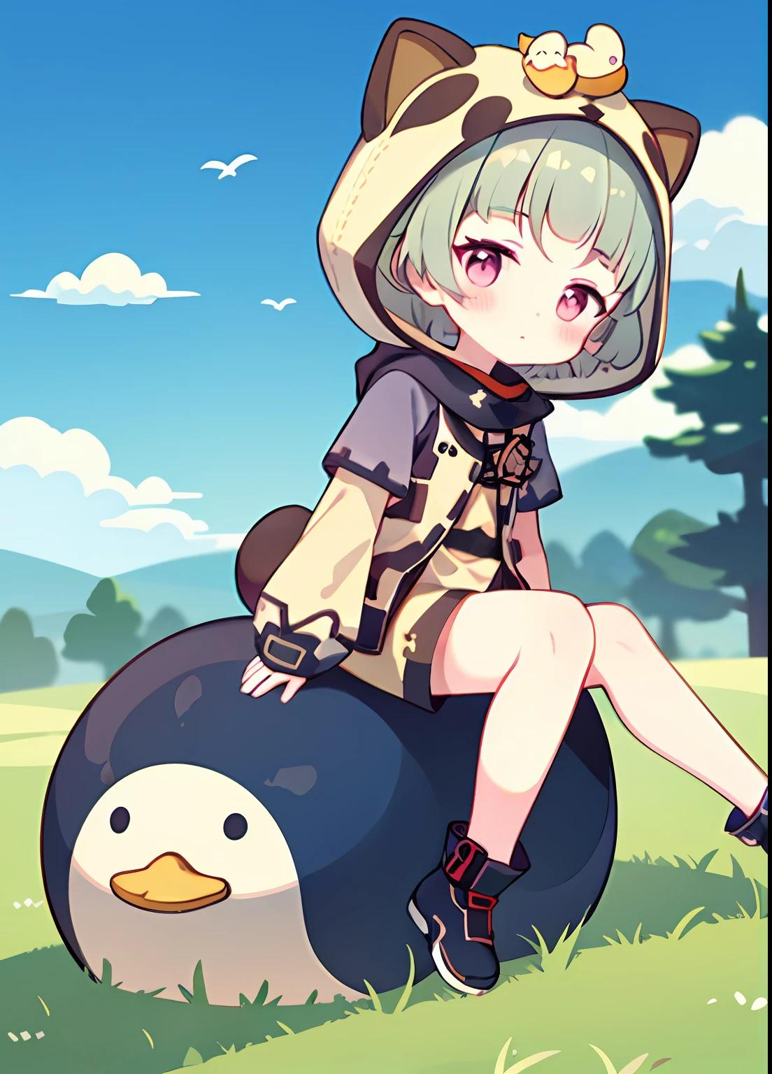 FULL BODY,  blushed, out door, During the Day, simple Backgrounds, a blue sky, bobed hair, SKY, looking at the viewers, sitting on grass,loli，The expression is cute，duck sitting，Small short legs,