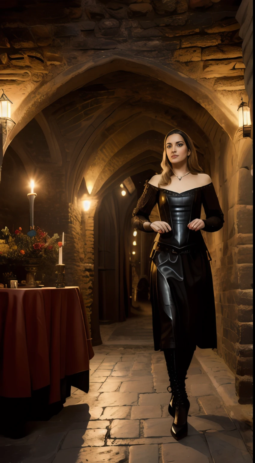 (masterpiece, 8K, UHD, oil painting, photo-realistic:1.3, by Greg Rutkowski), medieval brothel, (stunning woman in short medieval leather attire:1.2), inviting medieval passengers, torch-lit alleyway in Southwark, London, late evening hours, (12th-century setting:1.2), flickering shadows, dimly lit ambiance, warm hues, intricate details, realistic style, capturing the allure and secrecy of the medieval underground.