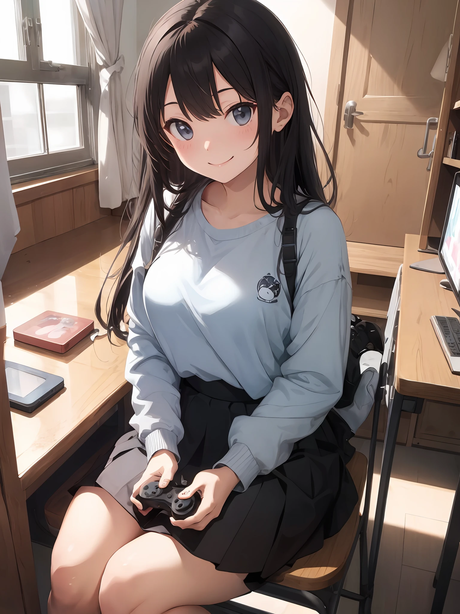 masterpiece, best quality, rfb, skirt, smile face, game controller, indoors, sitting,