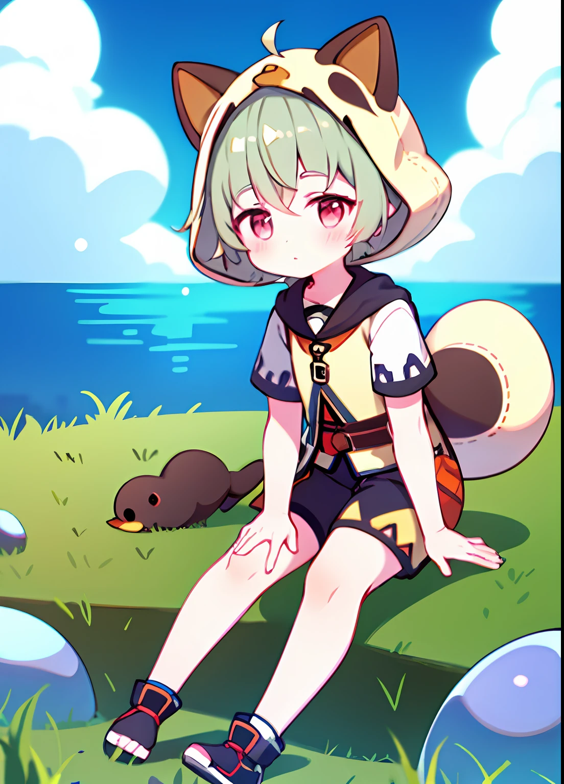 FULL BODY, blushed, out door, During the Day, simple Backgrounds, a blue sky, bobed hair, SKY, looking at the viewers, sitting on grass,,The expression is cute,duck sitting,Small short legs,