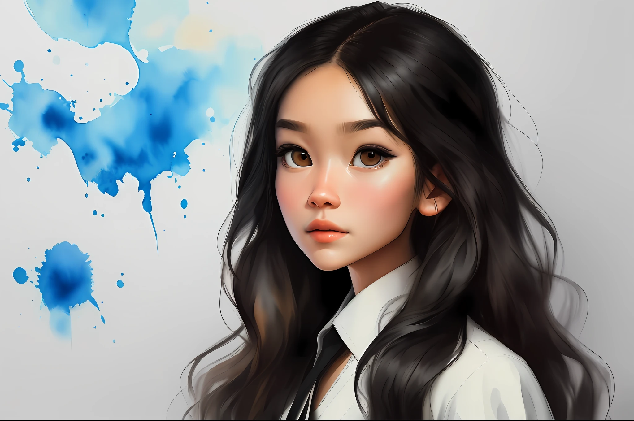 Wtrcolor style，Beautiful black eyes，The eyes are neither big nor small，European and American facial features，（（Long hair and waist）），SERIOUS LOOK，the dress，official arts，front side，master masterpiece，beauitful，（（watercolors）），Paint Splash，Complicated Detail。Very Detail，[drops:0.5]，Trends on Artstation，anglababy，Half-body image，centerd，Leave white space all around
