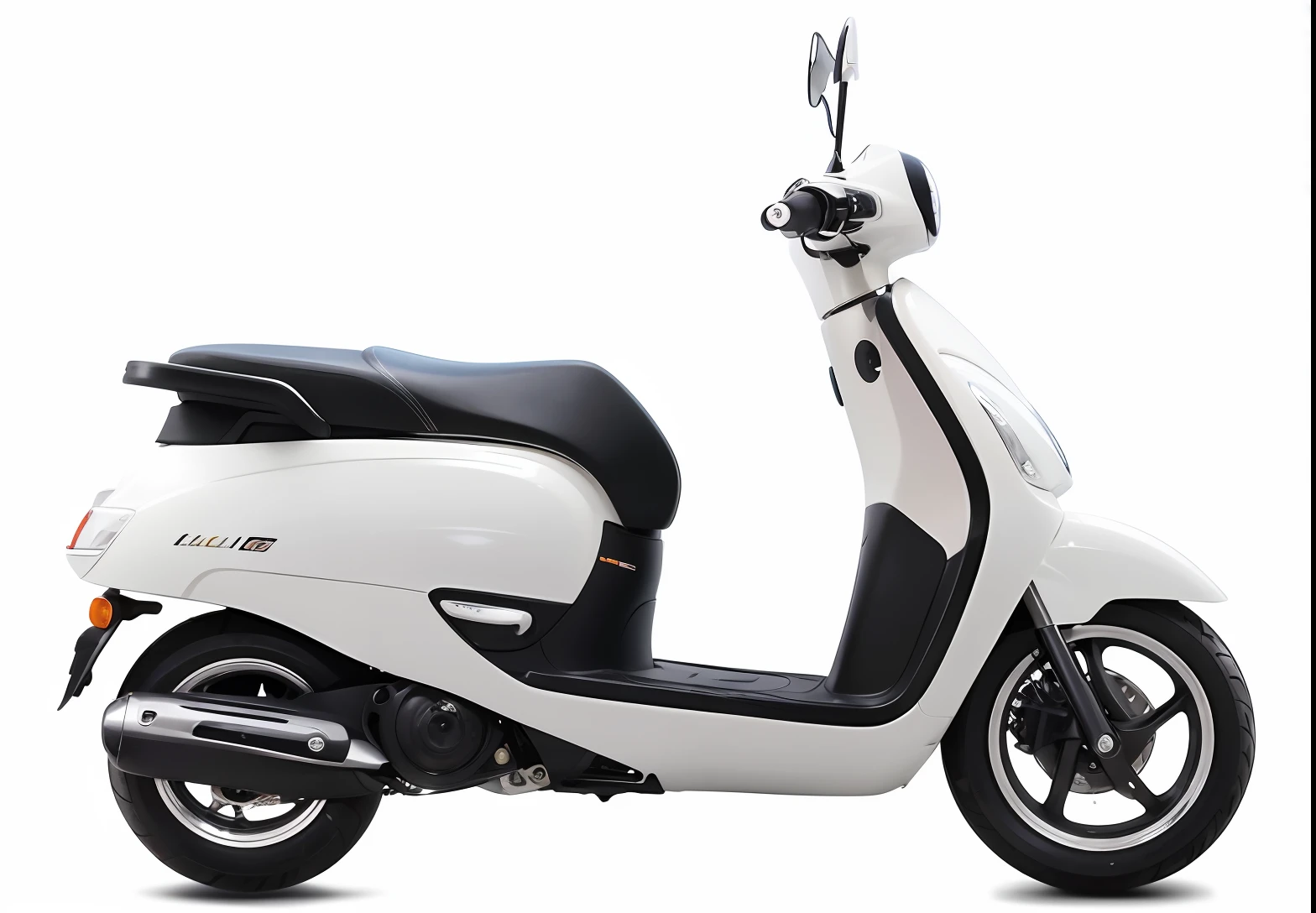 a close up of a white scooter with a black seat, sleek streamlined design, side view centered, Sleek Design, moped, lean sleek styling, very smooth, leaked image, elegant sleek smooth body, sleek white, 2019, beautiful image, 2 0 1 9, touring, crisp smooth lines, beige colors, 2018