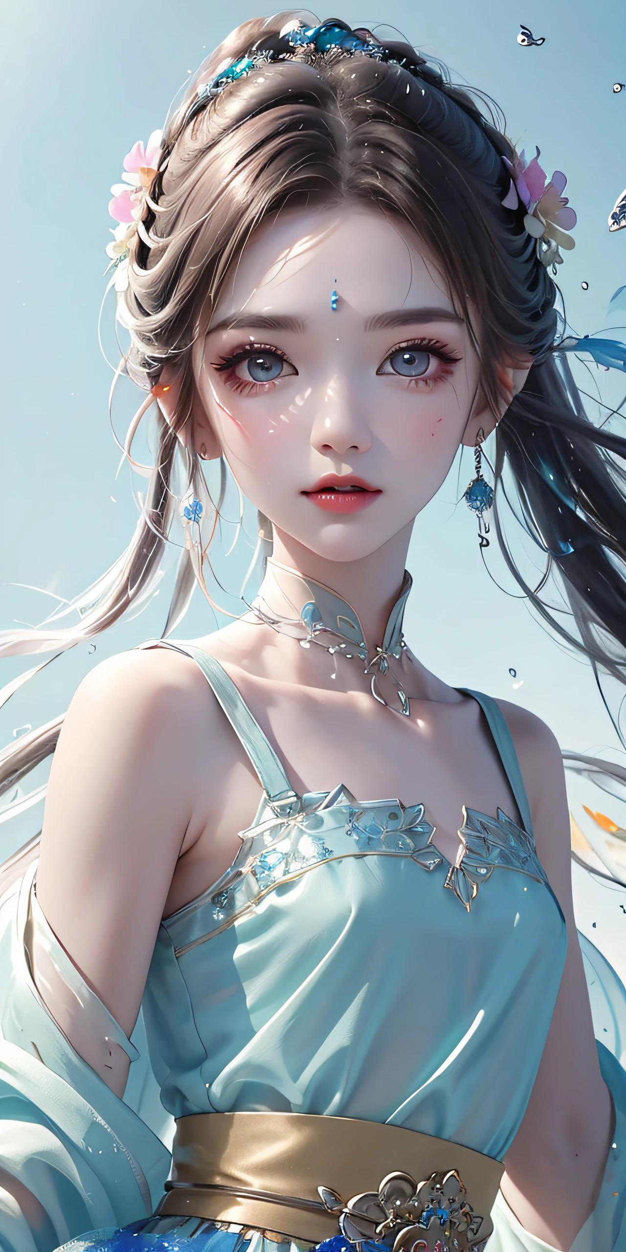 （Pink fashion T-Camisa，：1.9），（Colorful hair：1.8），（Rainbow all colors：1.8），（（（（Vertical painting：1.6)）），（painterly：1.6），front side，comic,illustration,painterly,with big eyes,Crystal clear,（Iridescent gradient high ponytail：1.7）,elaborate makeup,closed Mouth,(Small fresh:1.5),long lashes,White shoulder T- Camisa，, White Shoulder Shirt，looking at the viewers，watery big eyes，(rainbow color Hair：1.6), Color Splash, （solo：1.8）, Color Splash, Color explosion, Color Splash, Color explosion, Thick lacquer style，Messy lines，((Shiny,)) ，(colorful，，，，，), Thick Paint Style, (Splash) (Color Splash), Vertical Painting, upper  body, Paint Splash, Acrylic Pigment, Gradient, Paint, Highest Image Quality, the highest picture quality, Masterpiece, Solo, depth offield, Face Paint, colorful clothes, (elegence: 1.2), Ornate, long haired, aeolian, (elegence: 1.3), (petaled: 1.4)，(((master masterpiece))),(((the best quality t))),((ultra Detailed)),(illustartion),(Dynamic Angle),((floating)),(painti),((Loose hair)),(solo),(1girl) , (( (Detailed anima face))),((Beautiful detailed face)),collars,Shoulders exposed,White Hair,((colourfel hair)),((streaked hair)),Beautiful detailed eyes,(Gradient eyes),(( （color eyes））），（（（colorfully background））），（（（high satur））），（（（Surrounded by colorful splashes））），（Hanfu）