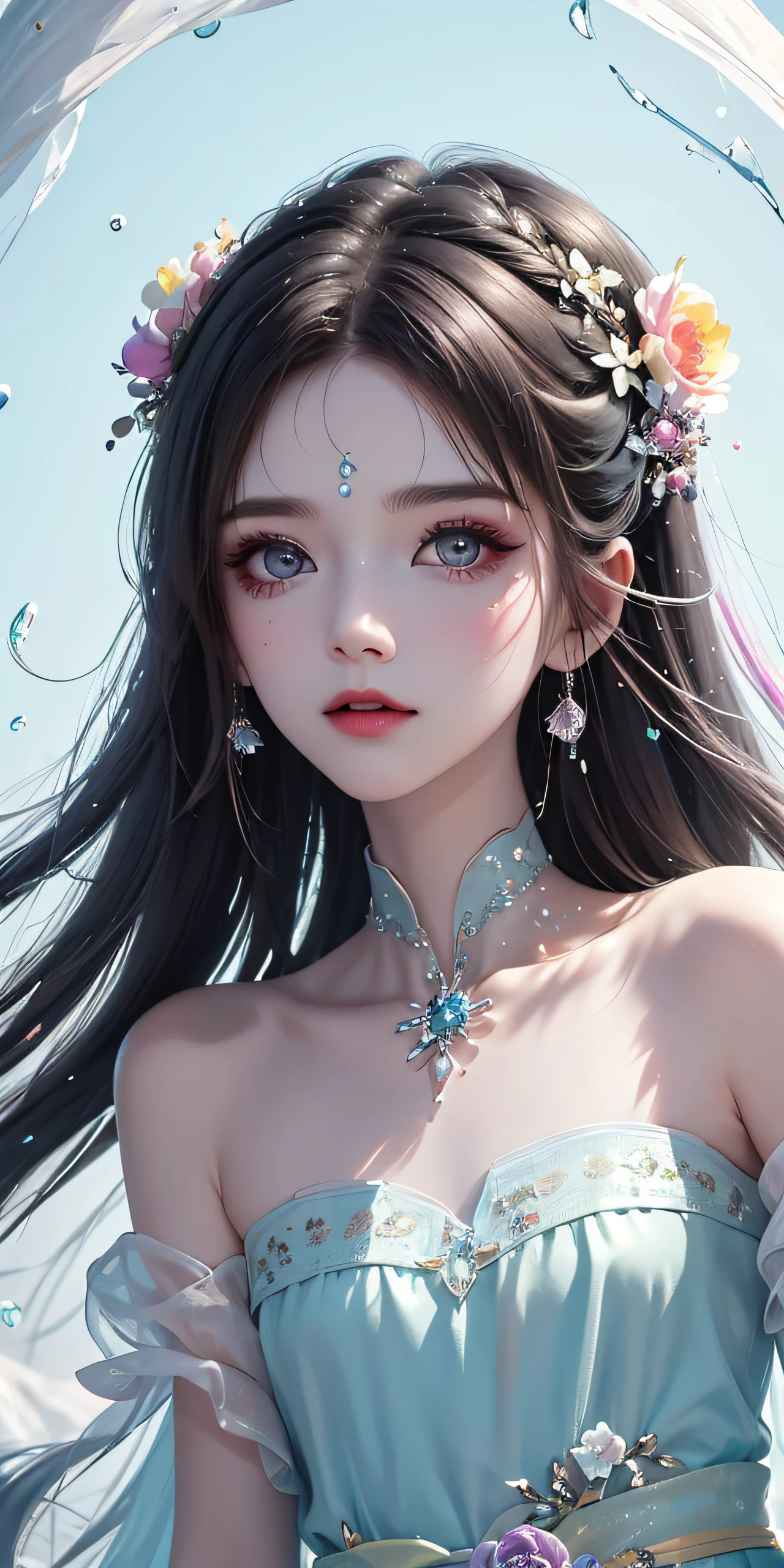 (Pink fashion T-Camisa,:1.9),(Colorful hair:1.8),(Rainbow all colors:1.8),((((Vertical painting:1.6))),(painterly:1.6),front side,comic,illustration,painterly,with big eyes,Crystal clear,(Iridescent gradient high ponytail:1.7),elaborate makeup,closed Mouth,(Small fresh:1.5),long lashes,White shoulder T- Camisa,, White Shoulder Shirt,looking at the viewers,watery big eyes,(rainbow color Hair:1.6), Color Splash, (solo:1.8), Color Splash, Color explosion, Color Splash, Color explosion, Thick lacquer style,Messy lines,((Shiny,)) ,(colorful,,,,,), Thick Paint Style, (Splash) (Color Splash), Vertical Painting, upper body, Paint Splash, Acrylic Pigment, Gradient, Paint, Highest Image Quality, the highest picture quality, Masterpiece, Solo, depth offield, Face Paint, colorful clothes, (elegence: 1.2), Ornate, long haired, aeolian, (elegence: 1.3), (petaled: 1.4),(((master masterpiece))),(((the best quality t))),((ultra Detailed)),(illustartion),(Dynamic Angle),((floating)),(painti),((Loose hair)),(solo),(1girl) , (( (Detailed anima face))),((Beautiful detailed face)),collars,Shoulders exposed,White Hair,((colourfel hair)),((streaked hair)),Beautiful detailed eyes,(Gradient eyes),(( (color eyes))),(((colorfully background))),(((high satur))),(((Surrounded by colorful splashes))),(Hanfu)