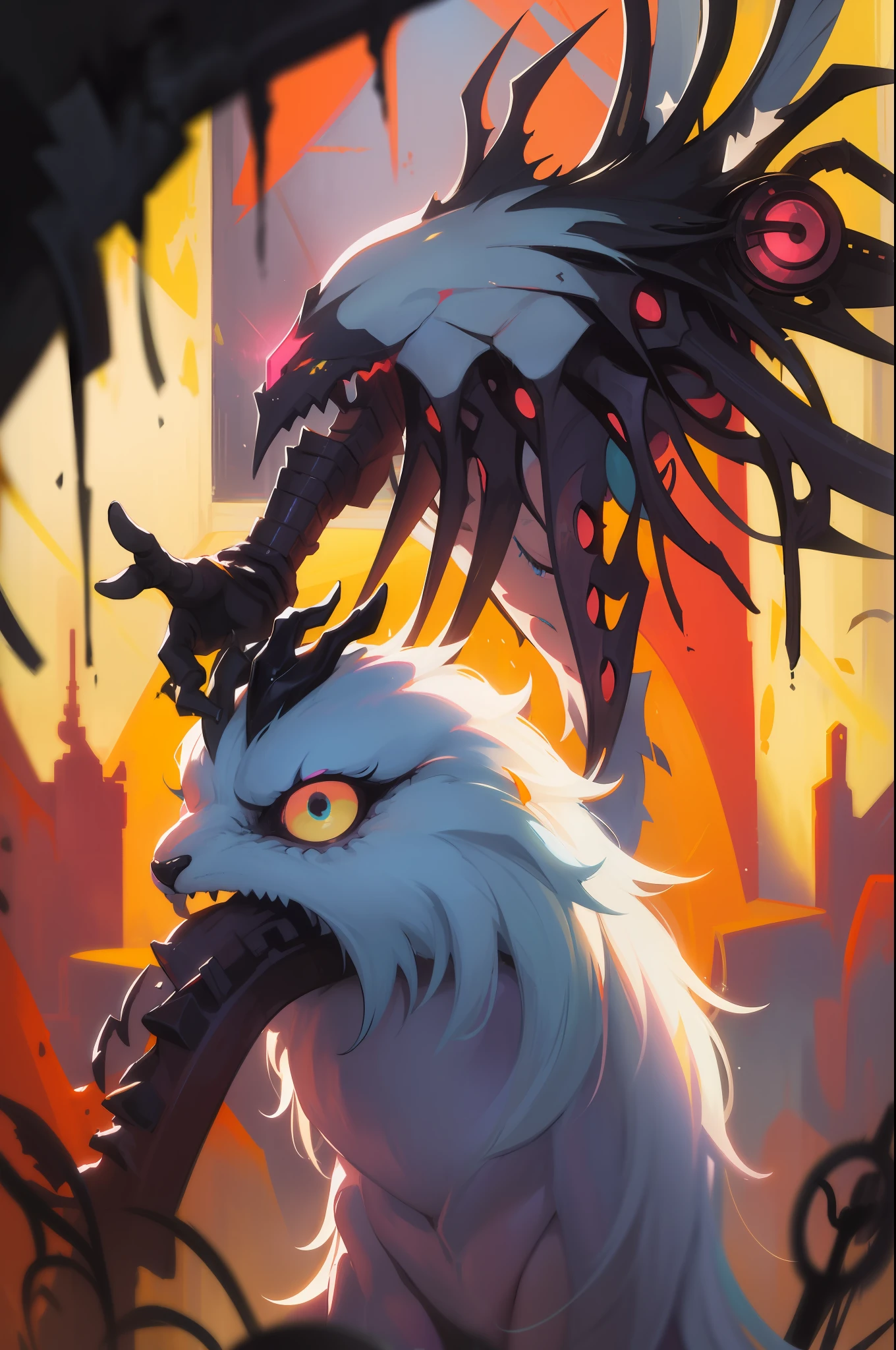 Masterpeace, BestQuality,machine,creature , beauty, rockstar, lock, steeply, That's perfect, epic, Bright colors, volume lighting, best shadows, Shallow Depth of Field, (Top quality, amazing details: 1,25), Brilliant Colorful Paintings, fancy, magic, flicker, Glare, neon garland, 8k