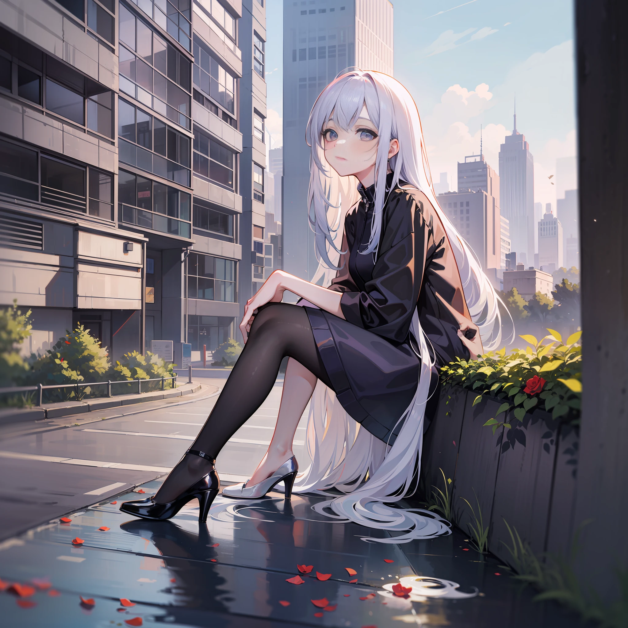 Two-dimensional modern girl,Has long silver hair,Immerse yourself in the early autumn morning,It is surrounded by landscapes with cool colors。She is alone in an urban park,A small number of roses dot the area。She wears casual clothes and high heels,The picture quality is the best,High resolution,It's a masterpiece,Full of detailed light and shadow rendering。