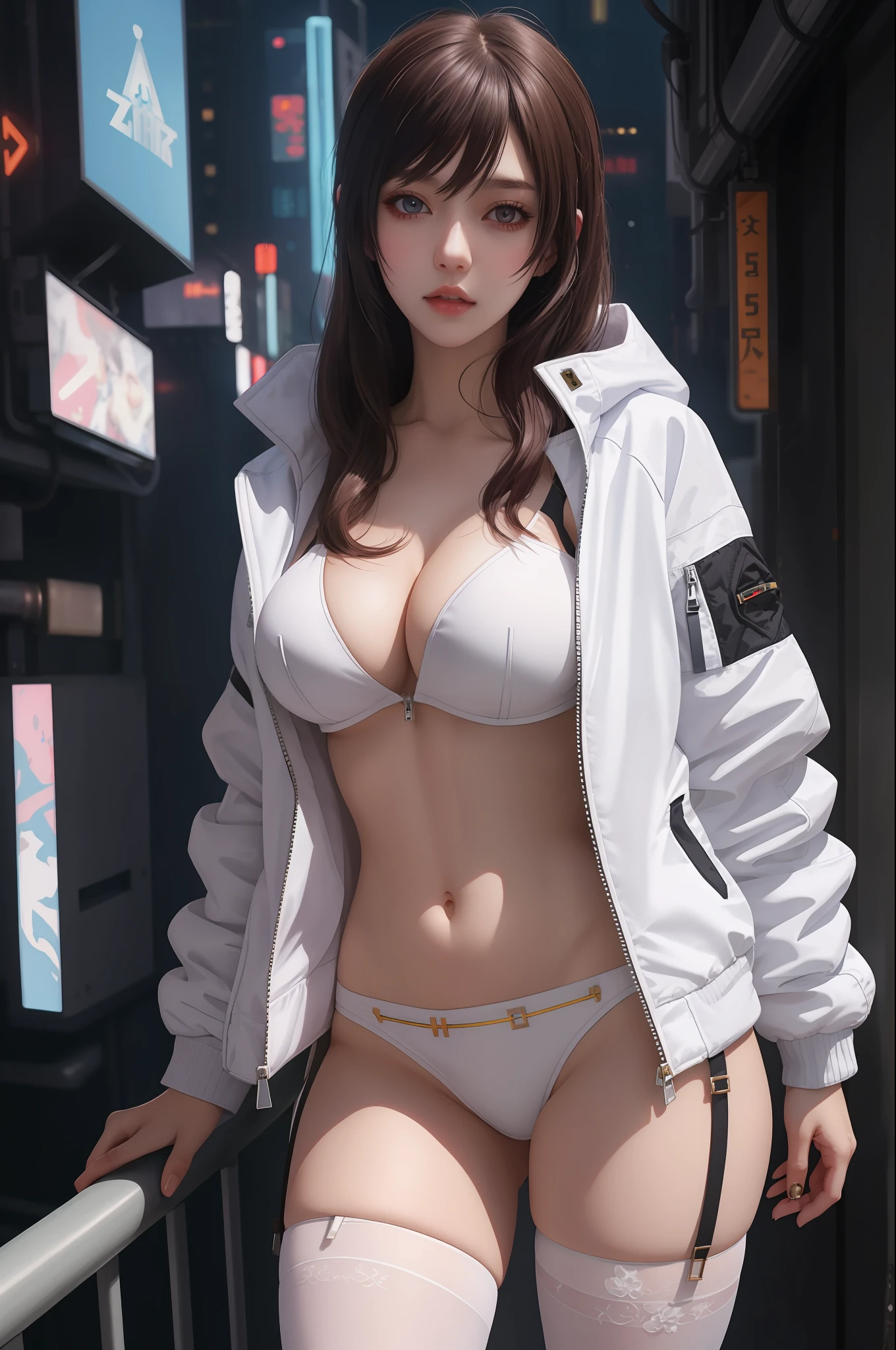 Woman in white unbuttoned jacket and stockings, white long hair, stands on a ledge with zippers in the background, nudity, big breast, cyberpunk anime girl, digital cyberpunk - anime-Art, Extremely detailed artistic.