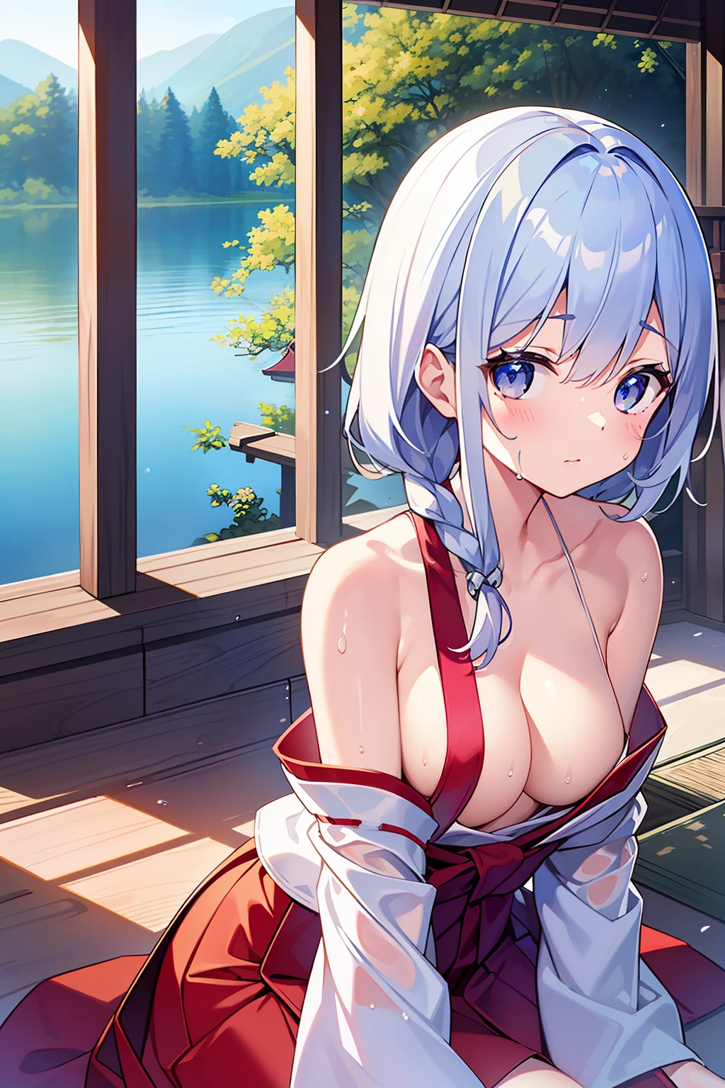 (master masterpiece)、(The Highest Quality)、(ultra details)、(best anatomy)、OFFICIAL ART、One Girl、Lori with light-coloured hair、Petite 、miko、Silk Hakama、small breasts、cleavage breasts、off shoulders、sideboob、Thigh Focus、soaking wet and see-THROUGH、shinto shrine、lake