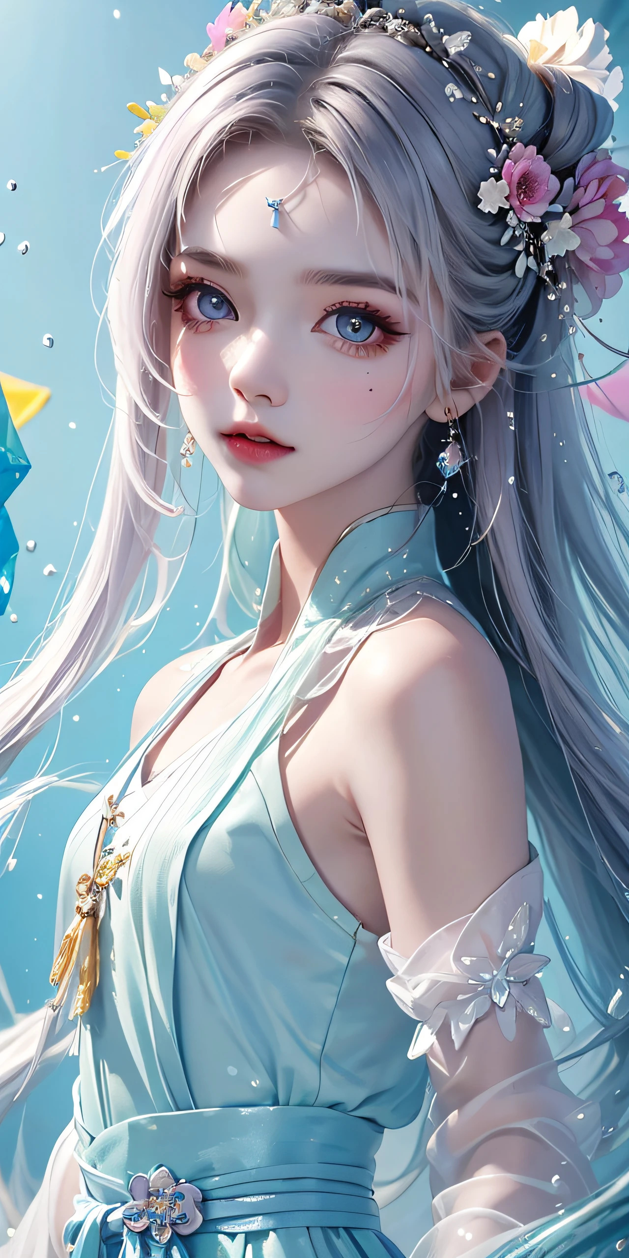 (Pink fashion T-Camisa,:1.9),(Colorful hair:1.8),(Rainbow all colors:1.8),((((Vertical painting:1.6))),(painterly:1.6),front side,comic,illustration,painterly,with big eyes,Crystal clear,(Iridescent gradient high ponytail:1.7),elaborate makeup,closed Mouth,(Small fresh:1.5),long lashes,White shoulder T- Camisa,, White Shoulder Shirt,looking at the viewers,watery big eyes,(rainbow color Hair:1.6), Color Splash, (solo:1.8), Color Splash, Color explosion, Color Splash, Color explosion, Thick lacquer style,Messy lines,((Shiny,)) ,(colorful,,,,,,), Thick Paint Style, (Splash) (Color Splash), Vertical Painting, upper body, Paint Splash, Acrylic Pigment, Gradient, Paint, Highest Image Quality, the highest picture quality, Masterpiece, Solo, depth offield, Face Paint, colorful clothes, (elegence: 1.2), Ornate, long haired, aeolian, (elegence: 1.3), (petaled: 1.4),(((master masterpiece))),(((the best quality t))),((ultra Detailed)),(illustartion),(Dynamic Angle),((floating)),(painti),((Loose hair)),(solo),(1girl) , (( (Detailed anima face))),((Beautiful detailed face)),collars,Shoulders exposed,White Hair,((colourfel hair)),((streaked hair)),Beautiful detailed eyes,(Gradient eyes),(( (color eyes))),(((colorfully background))),(((high satur))),(((Surrounded by colorful splashes))),()Hanfu)